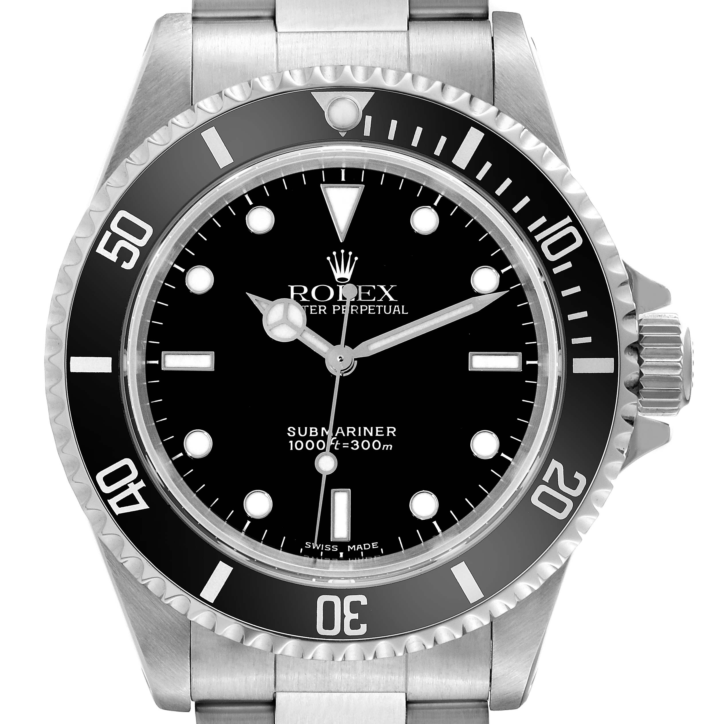 The image shows a front view of a Rolex Submariner 14060 Men
s Stainless Steel Black Dial 14060 Men
s Stainless Steel Black Dial watch, highlighting its bezel, dial, crown, and bracelet.
