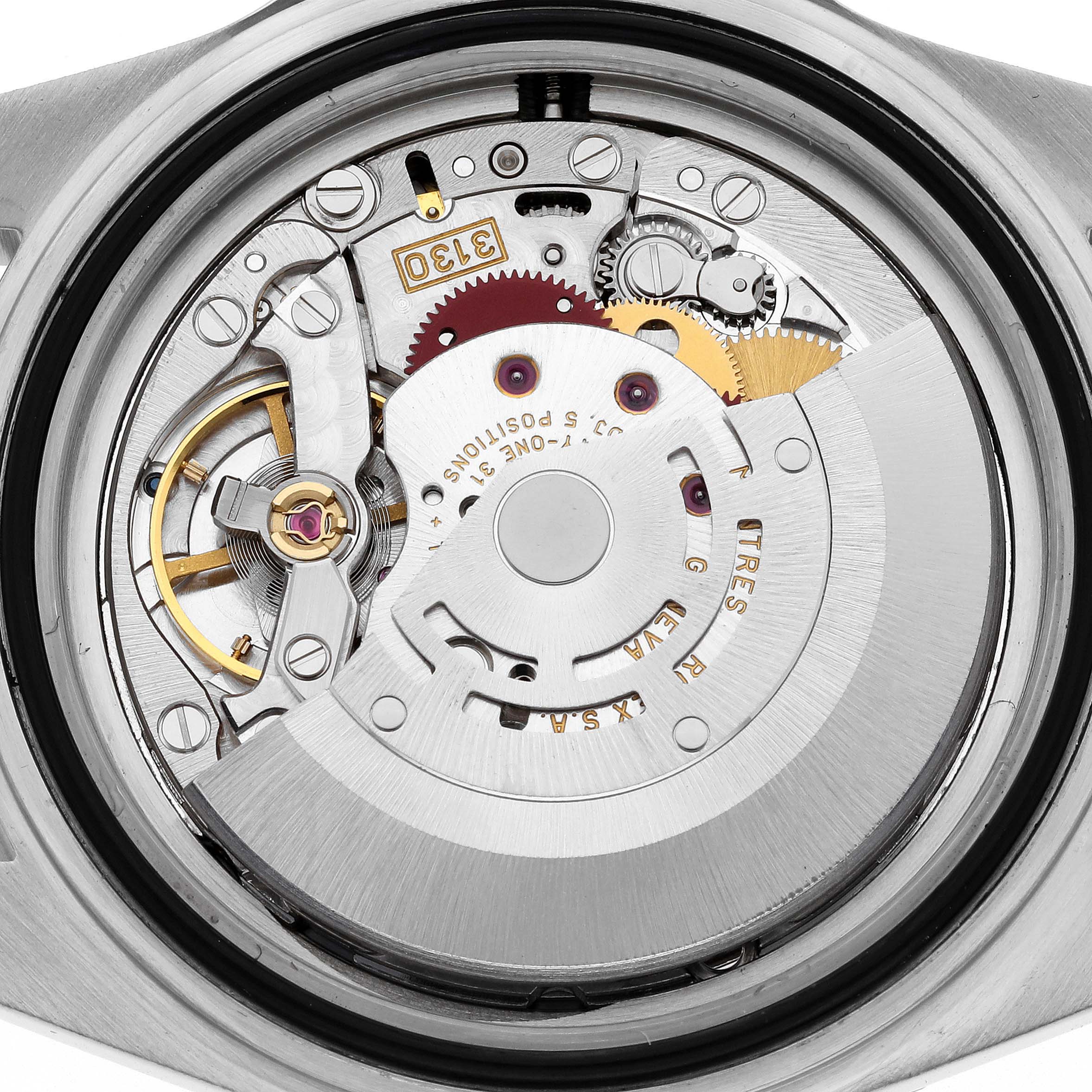 The image shows the back view of the Rolex Submariner 14060 Men
s Stainless Steel Black Dial 14060 Men
s Stainless Steel Black Dial watch, highlighting its inner mechanical movement.