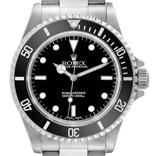 This image shows a front view of a Rolex Submariner watch face, bezel, crown, and part of the bracelet.