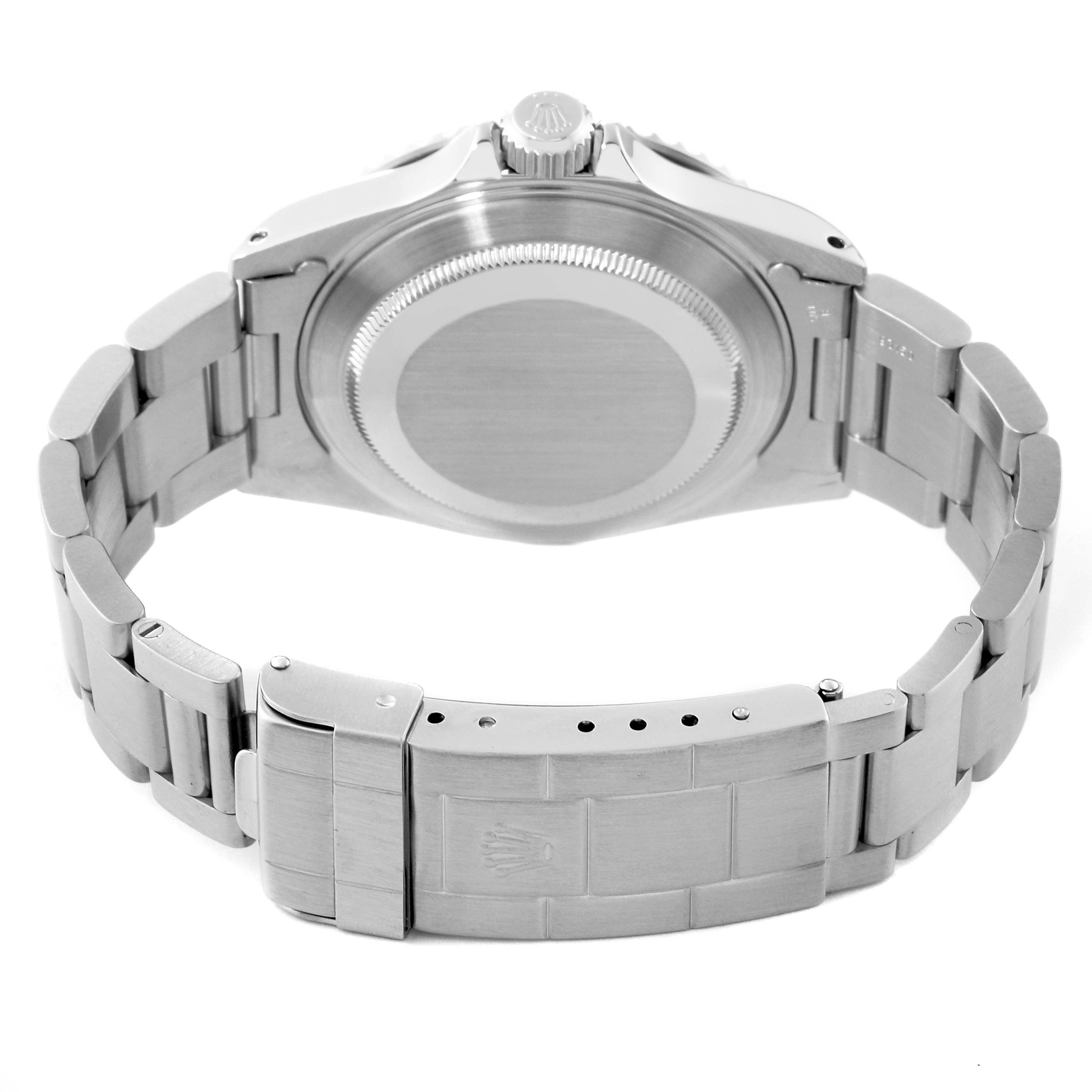 The image shows a rear view of a Rolex Submariner 14060 Men
s Stainless Steel Black Dial 14060 Men
s Stainless Steel Black Dial watch, focusing on the case back, bracelet, and clasp.