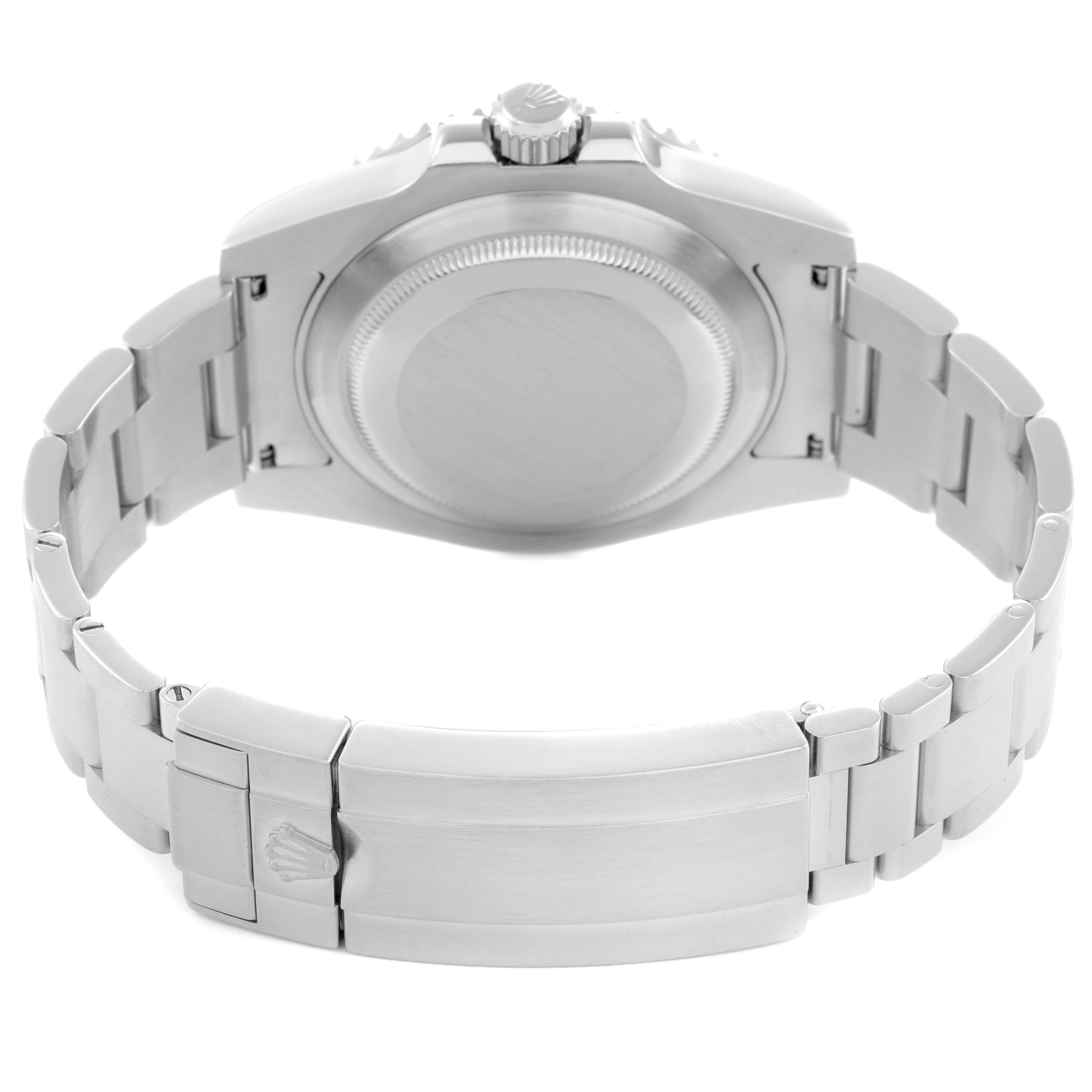 The image shows the back view of a Rolex Submariner model 114060 men's watch, featuring the bracelet and clasp.