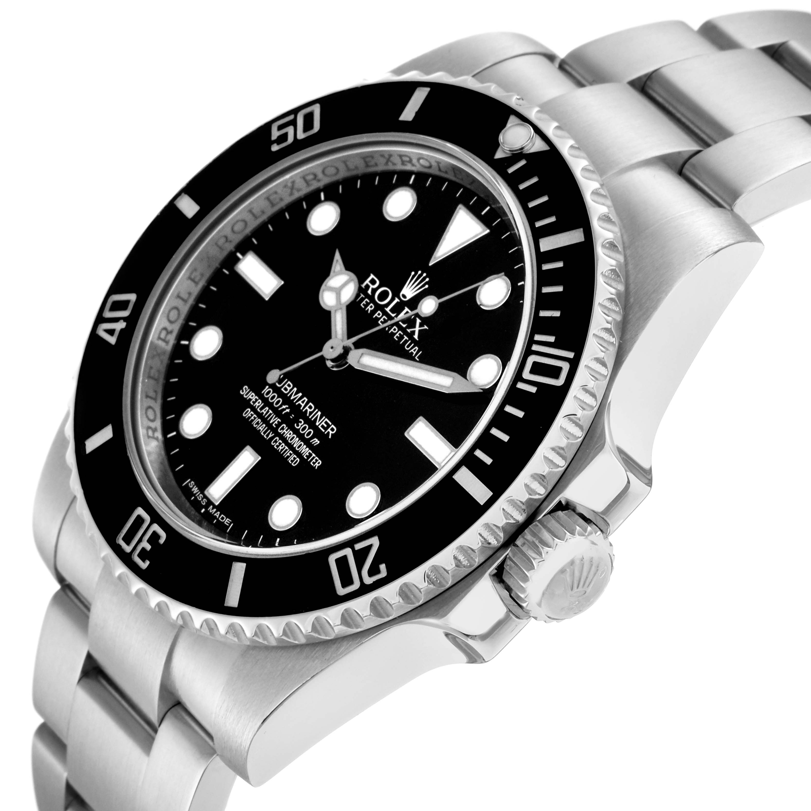 The image shows a side angle of the Rolex Submariner model 114060, highlighting its black dial, bezel, and stainless steel bracelet.