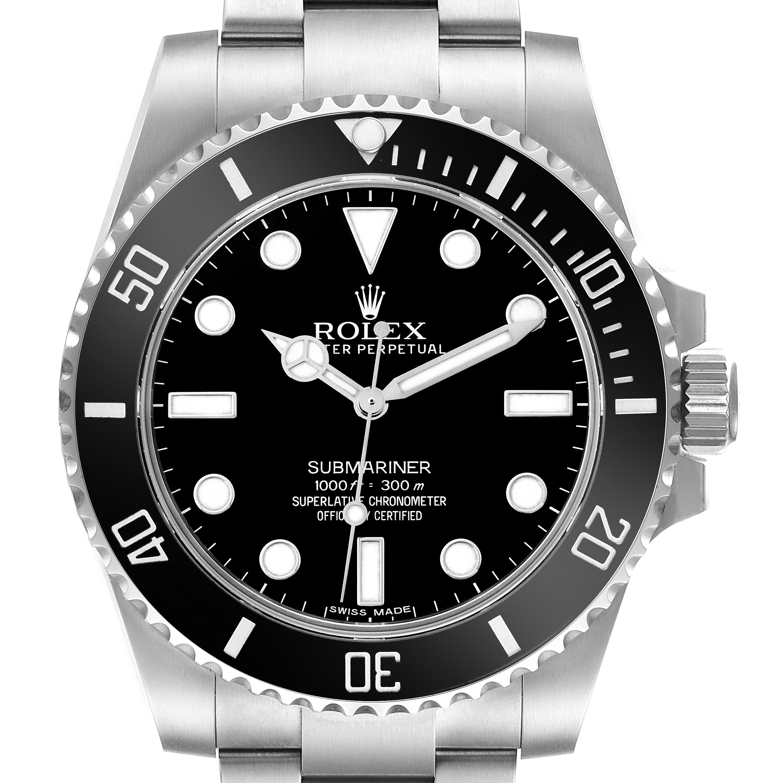 The Rolex Submariner model 114060 is shown from a front angle, displaying its bezel, dial, hands, and part of the stainless steel bracelet.