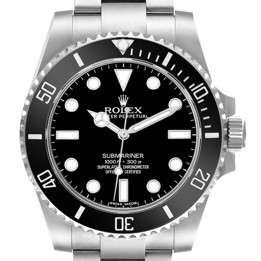 The Rolex Submariner model 114060 is shown from a front angle, displaying its bezel, dial, hands, and part of the stainless steel bracelet.