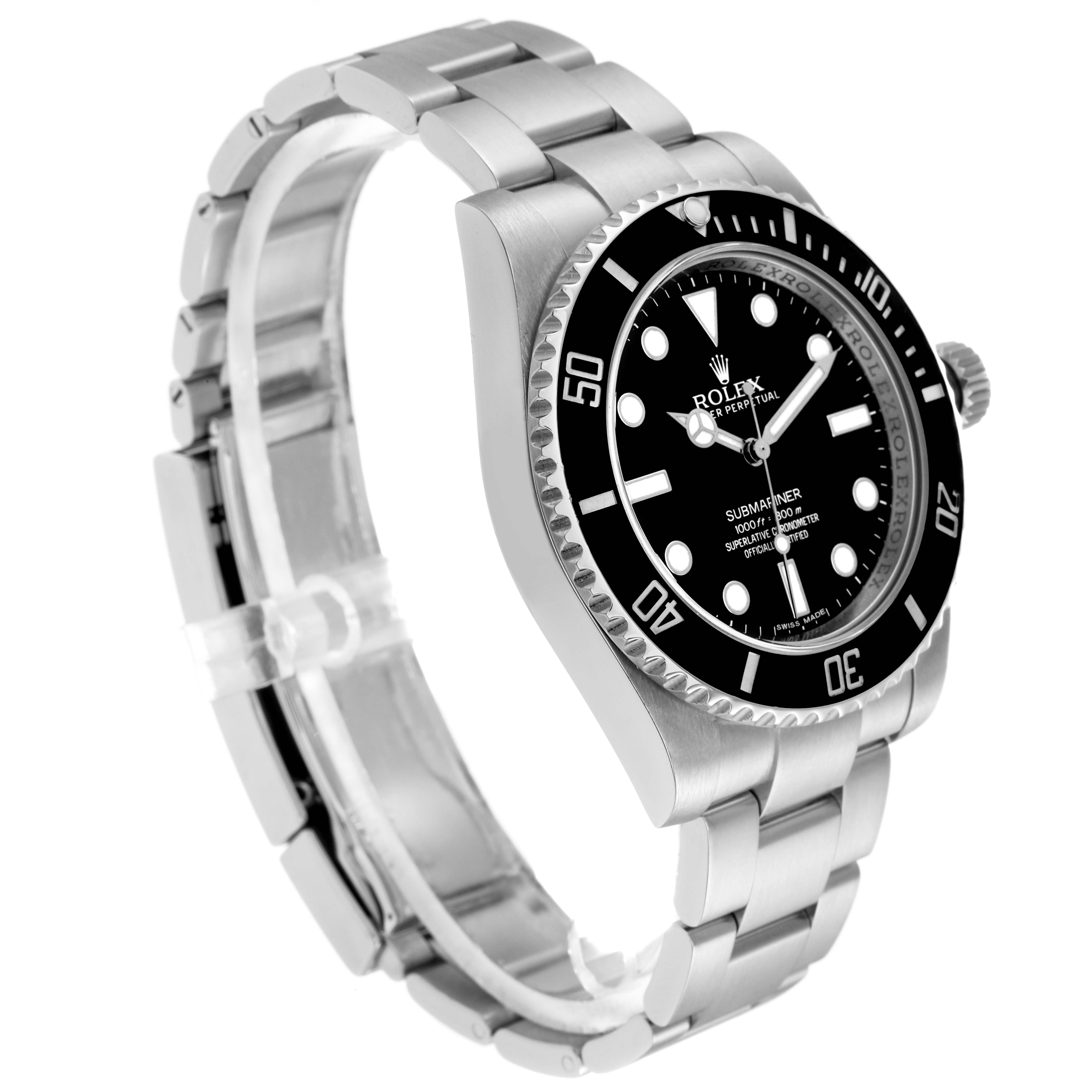 The Rolex Submariner model 114060 is shown at a three-quarter angle, highlighting the watch face, bezel, crown, and stainless steel bracelet.
