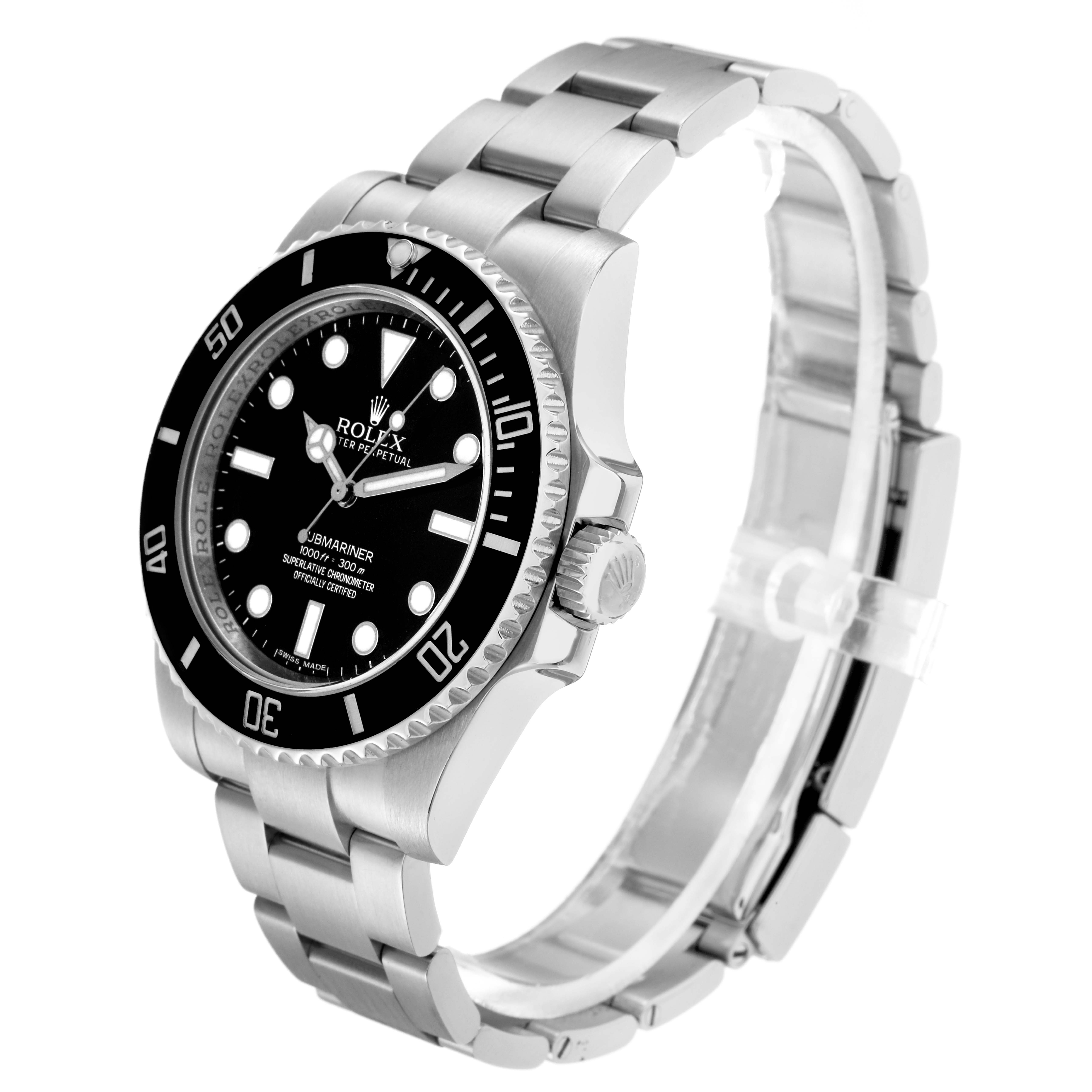 The image shows a Rolex Submariner model 114060 men's watch from a three-quarter angle, displaying the dial, bezel, crown, bracelet, and clasp.