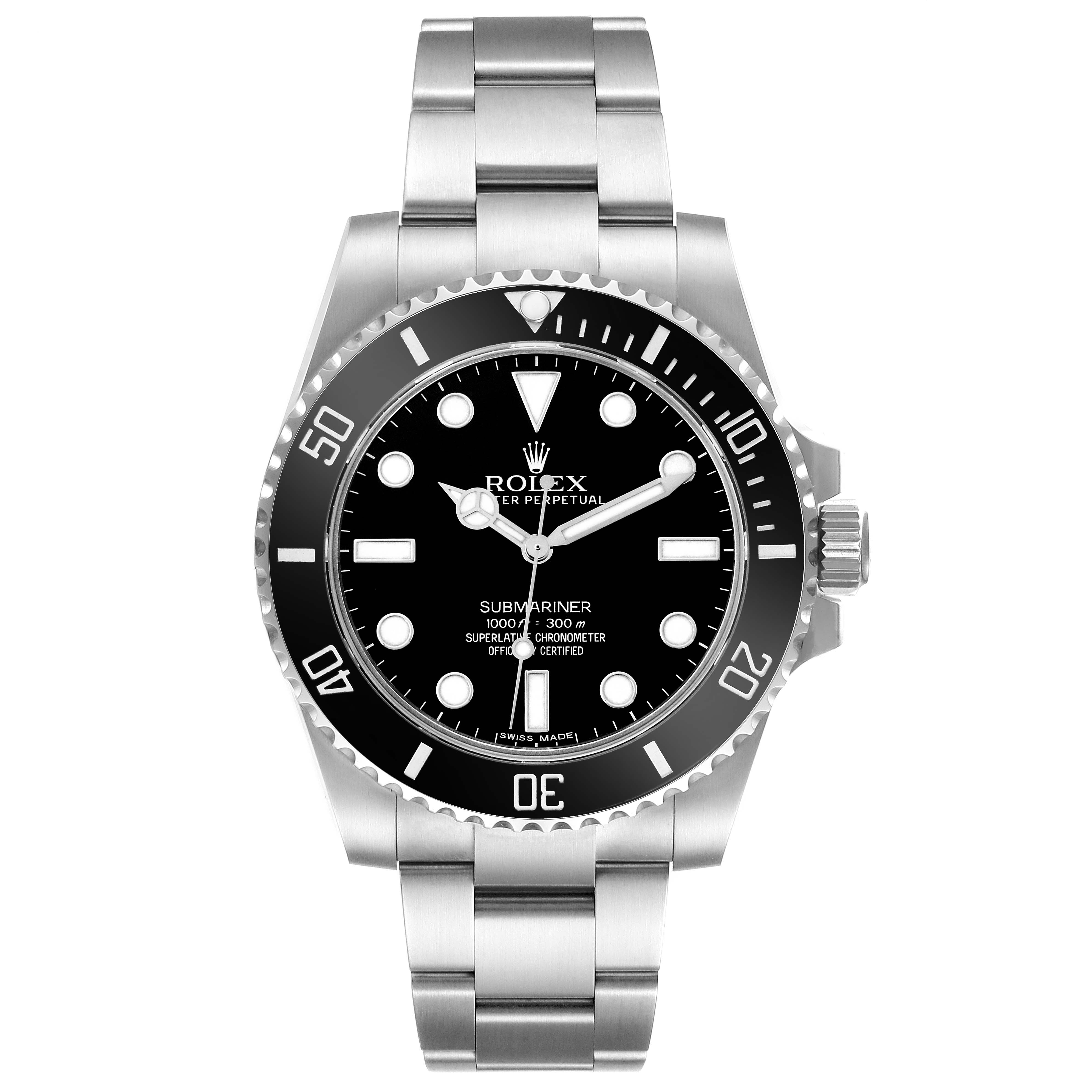 The image shows a front view of the Rolex Submariner model 114060, displaying the black bezel, dial, hands, markers, and stainless steel bracelet.