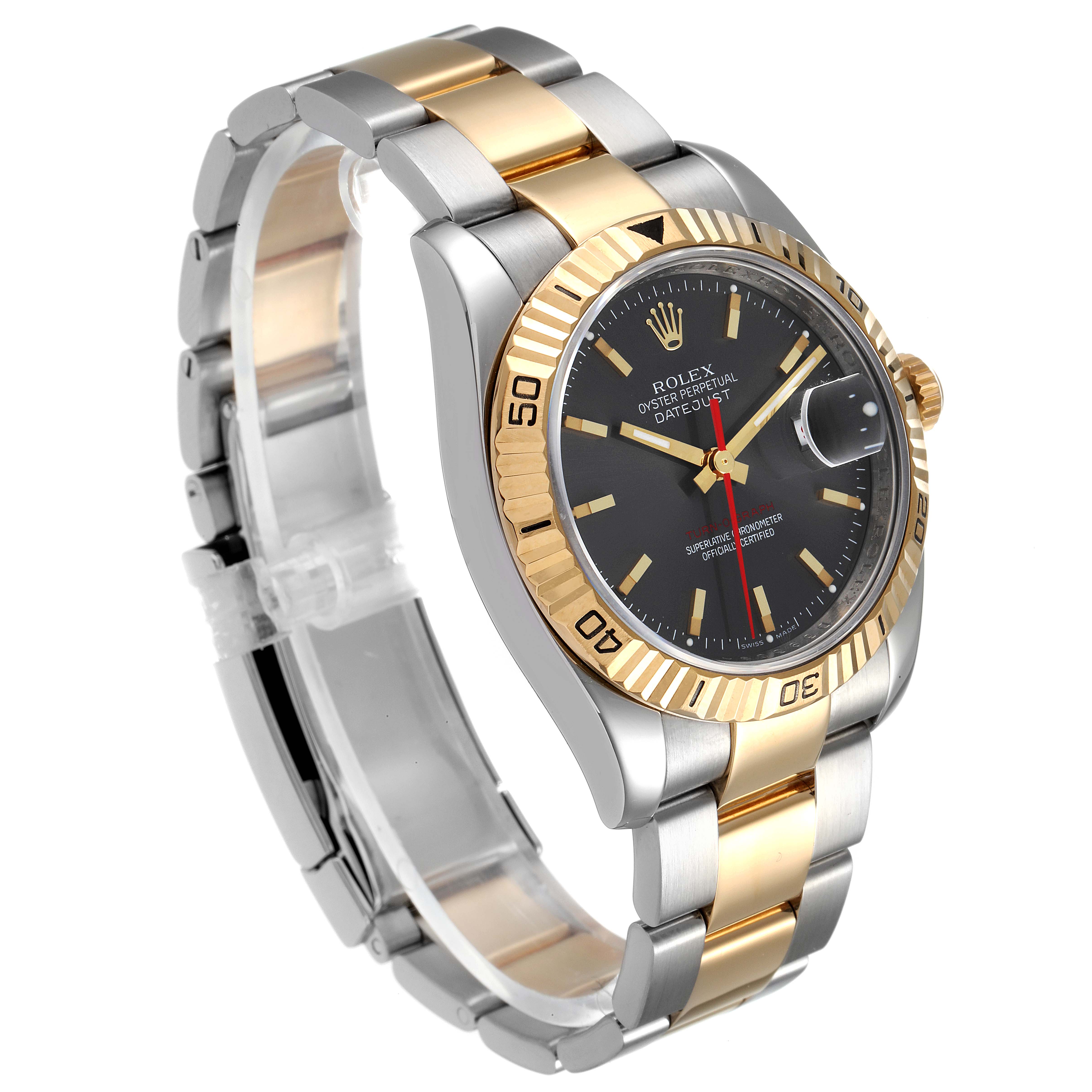 The image shows a Rolex Turn-o-Graph 116263 Men
s Steel and Gold (two tone) Grey Dial 116263 Men
s Steel and Gold (two tone) Grey Dial watch at a three-quarter angle displaying the dial, fluted bezel, and two-tone bracelet.