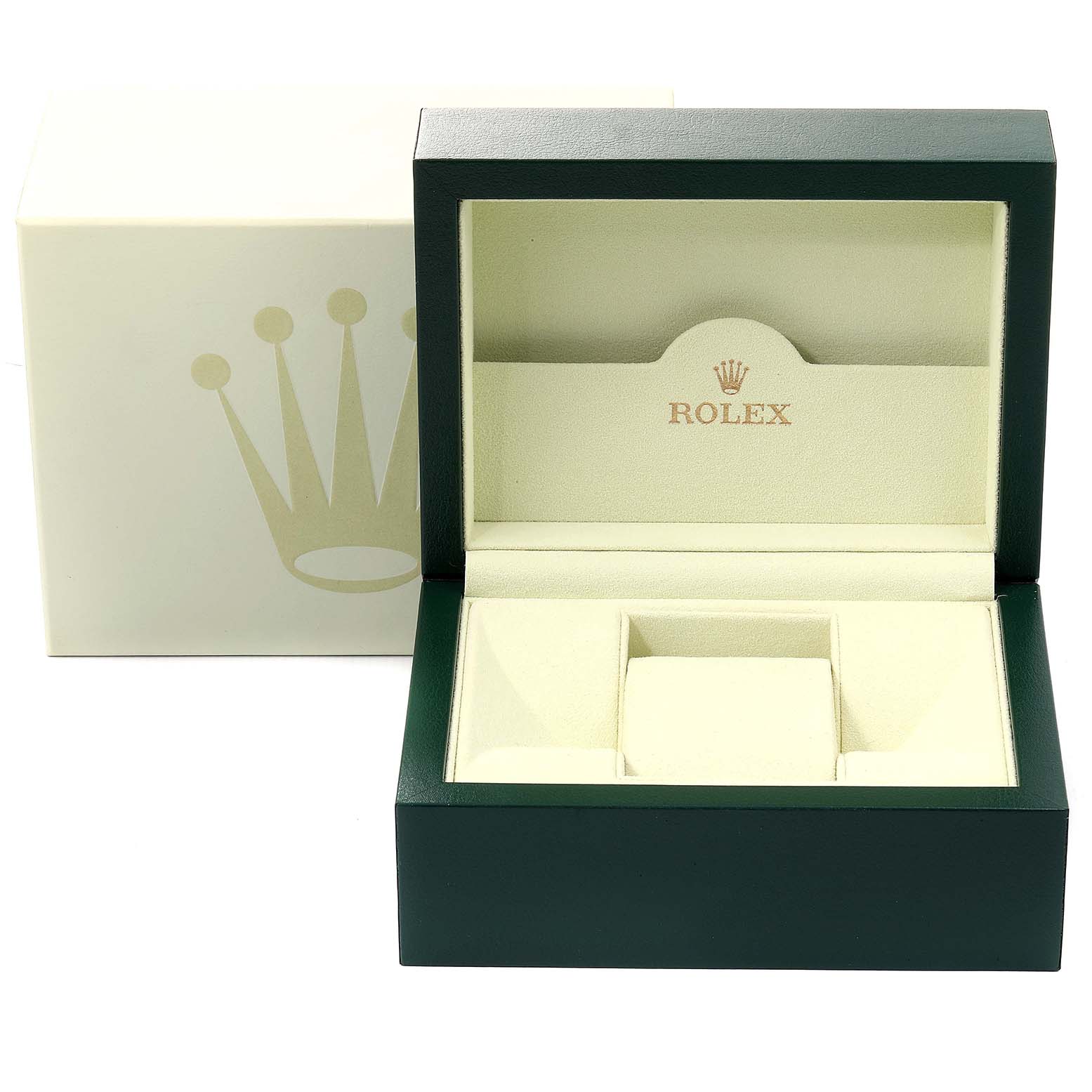 The image shows an open green Rolex Turn-o-Graph 116263 Men
s Steel and Gold (two tone) Grey Dial 116263 Men
s Steel and Gold (two tone) Grey Dial watch box alongside a closed outer box.