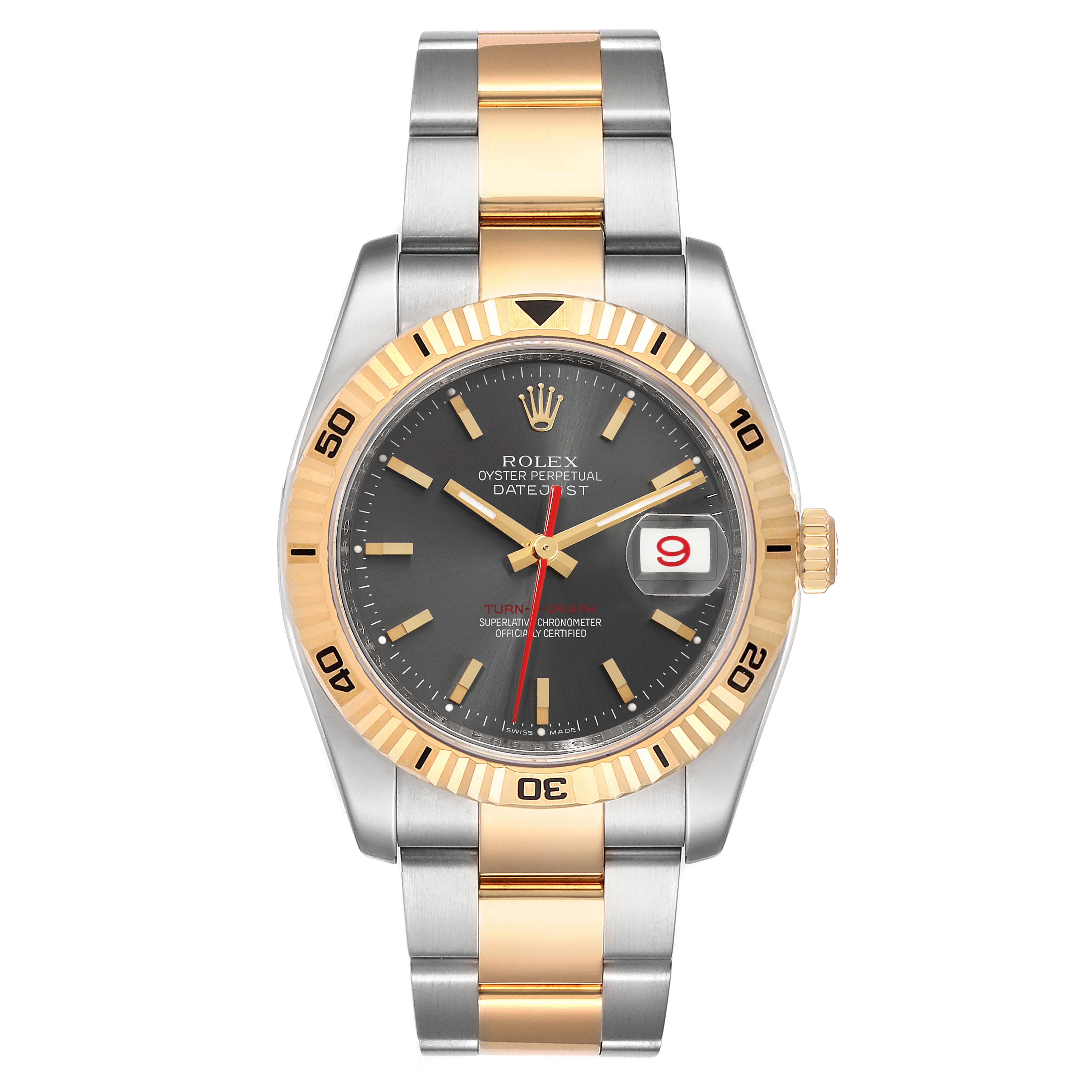 The image shows a front view of a Rolex Turn-o-Graph 116263 Men
s Steel and Gold (two tone) Grey Dial 116263 Men
s Steel and Gold (two tone) Grey Dial watch, highlighting its two-tone bracelet, fluted bezel, black dial, and date window.