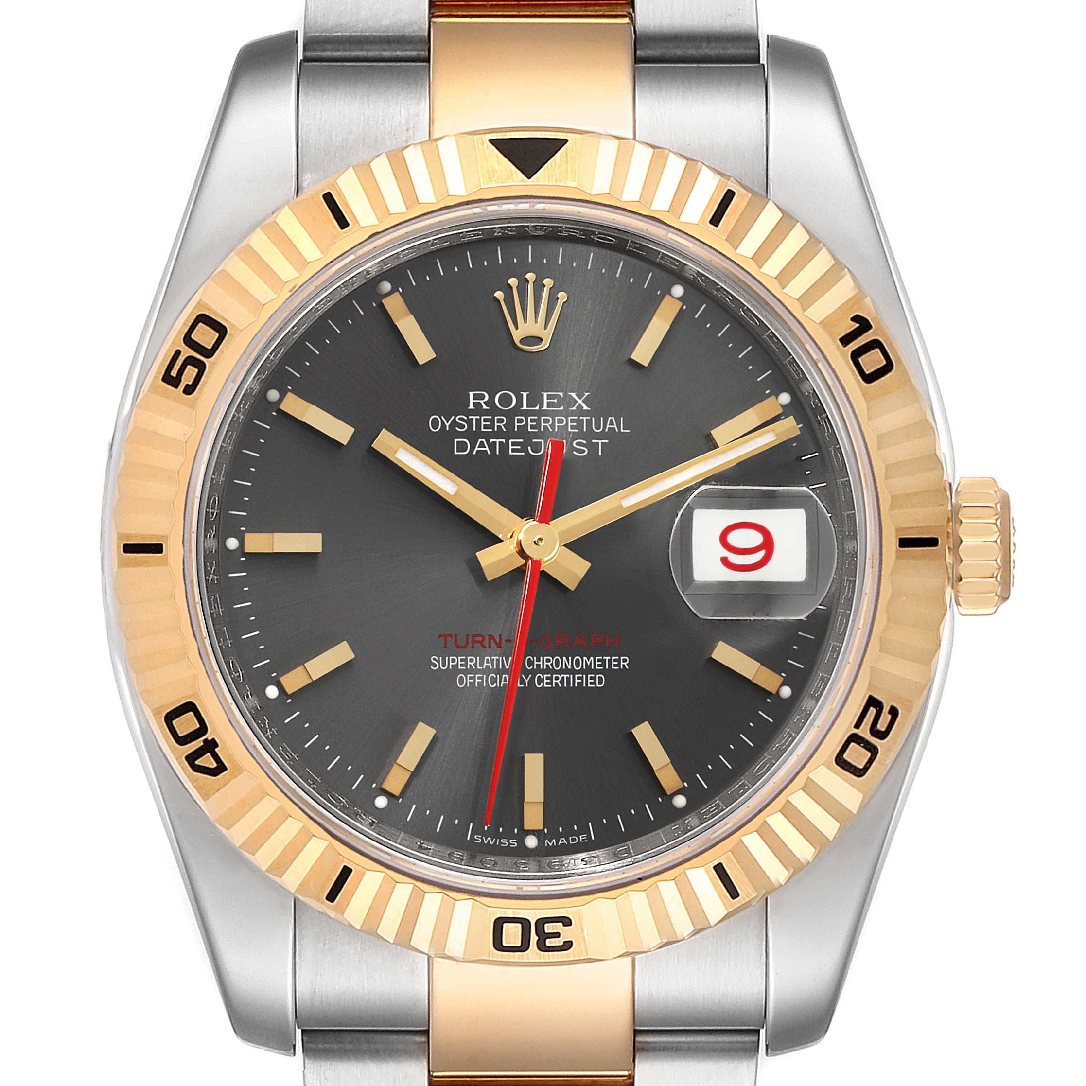The image shows a front view of the Rolex Turn-o-Graph 116263 Men
s Steel and Gold (two tone) Grey Dial 116263 Men
s Steel and Gold (two tone) Grey Dial watch, highlighting the face, bezel, markers, hands, and bracelet.