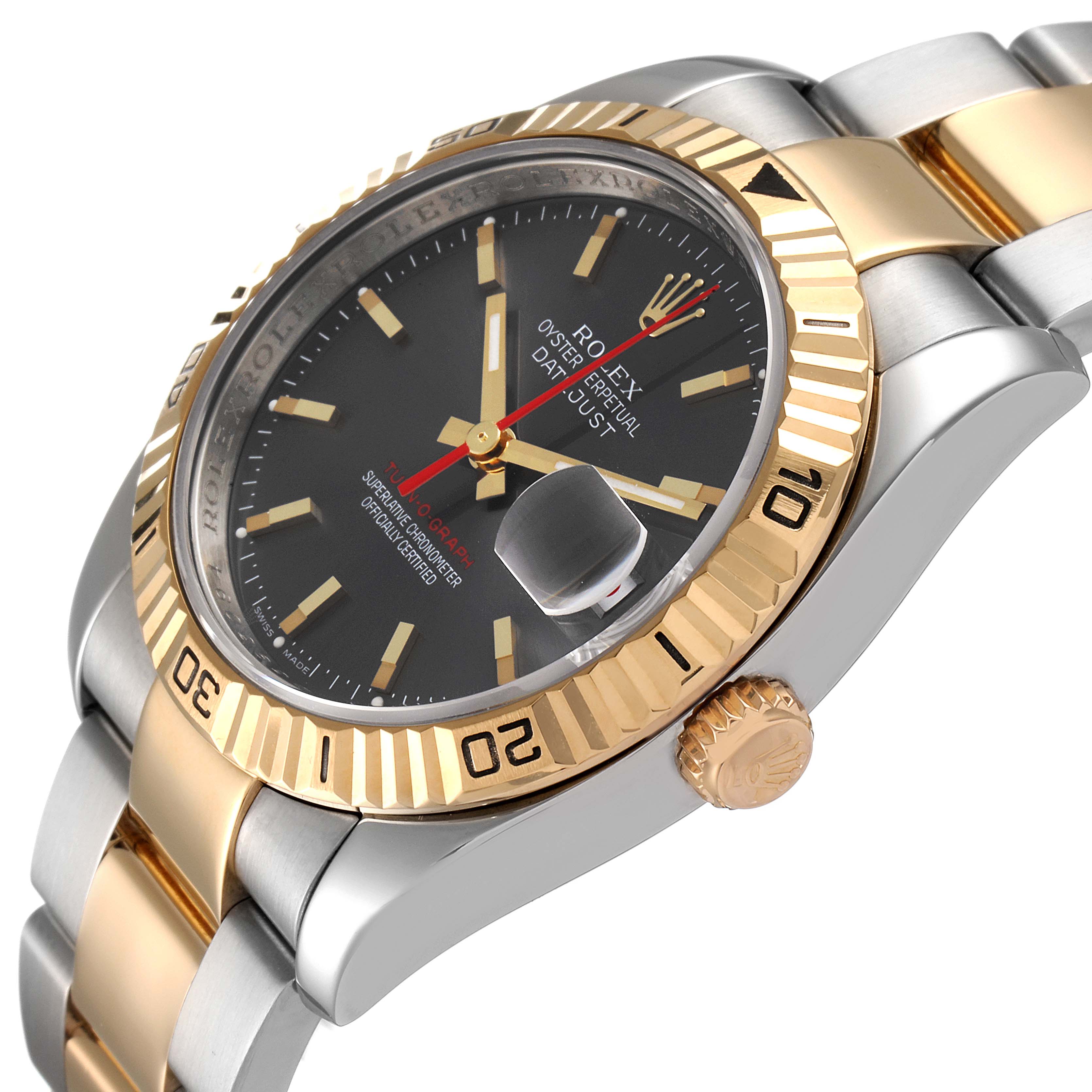 This is an angled close-up of the Rolex Turn-o-Graph 116263 Men
s Steel and Gold (two tone) Grey Dial 116263 Men
s Steel and Gold (two tone) Grey Dial watch, showing the bezel, dial, crown, and part of the bracelet.