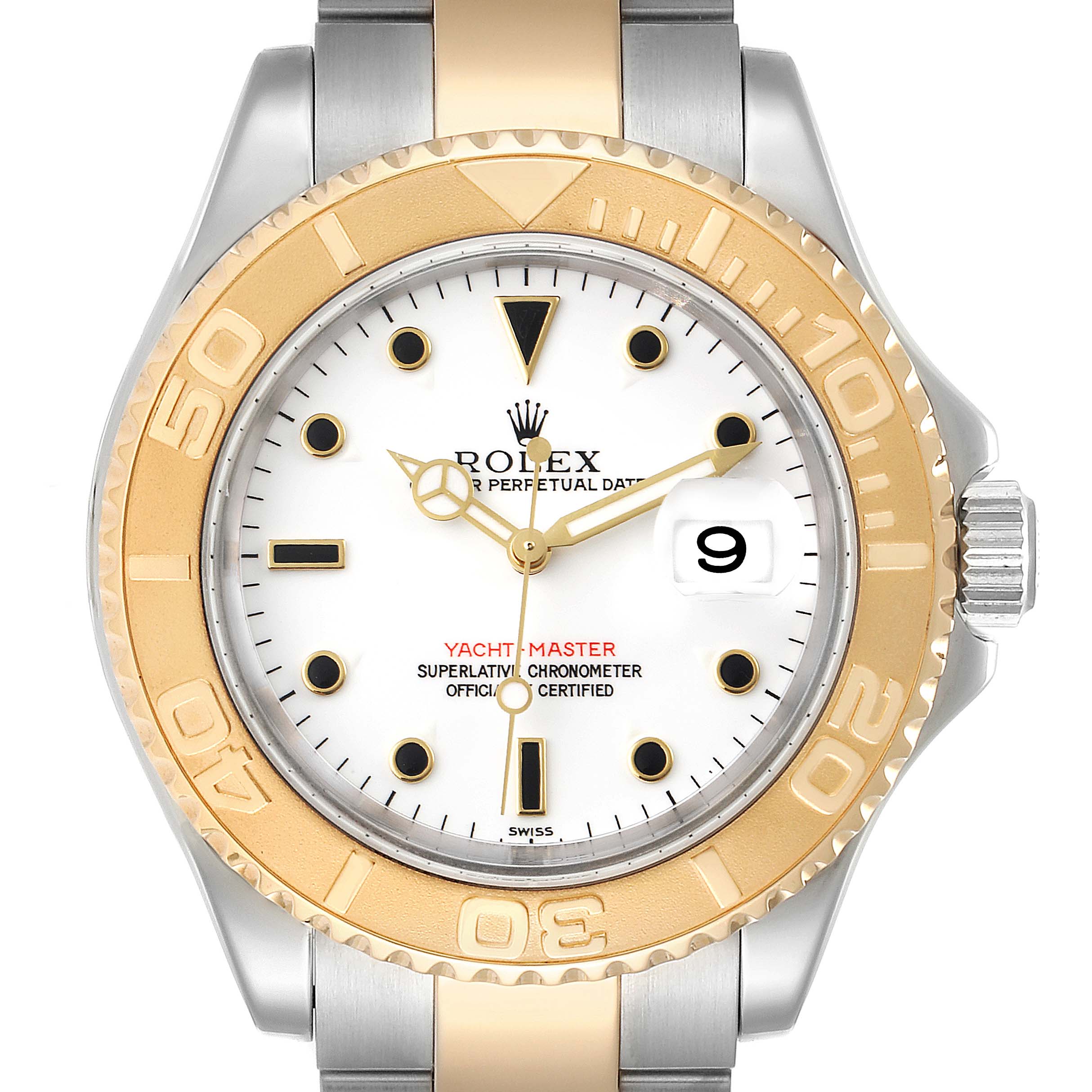 The image shows a front view of the Rolex Yacht-Master 16623 Men
s Steel and Gold (two tone) White Dial 16623 Men
s Steel and Gold (two tone) White Dial watch, detailing its face, bezel, and bracelet.