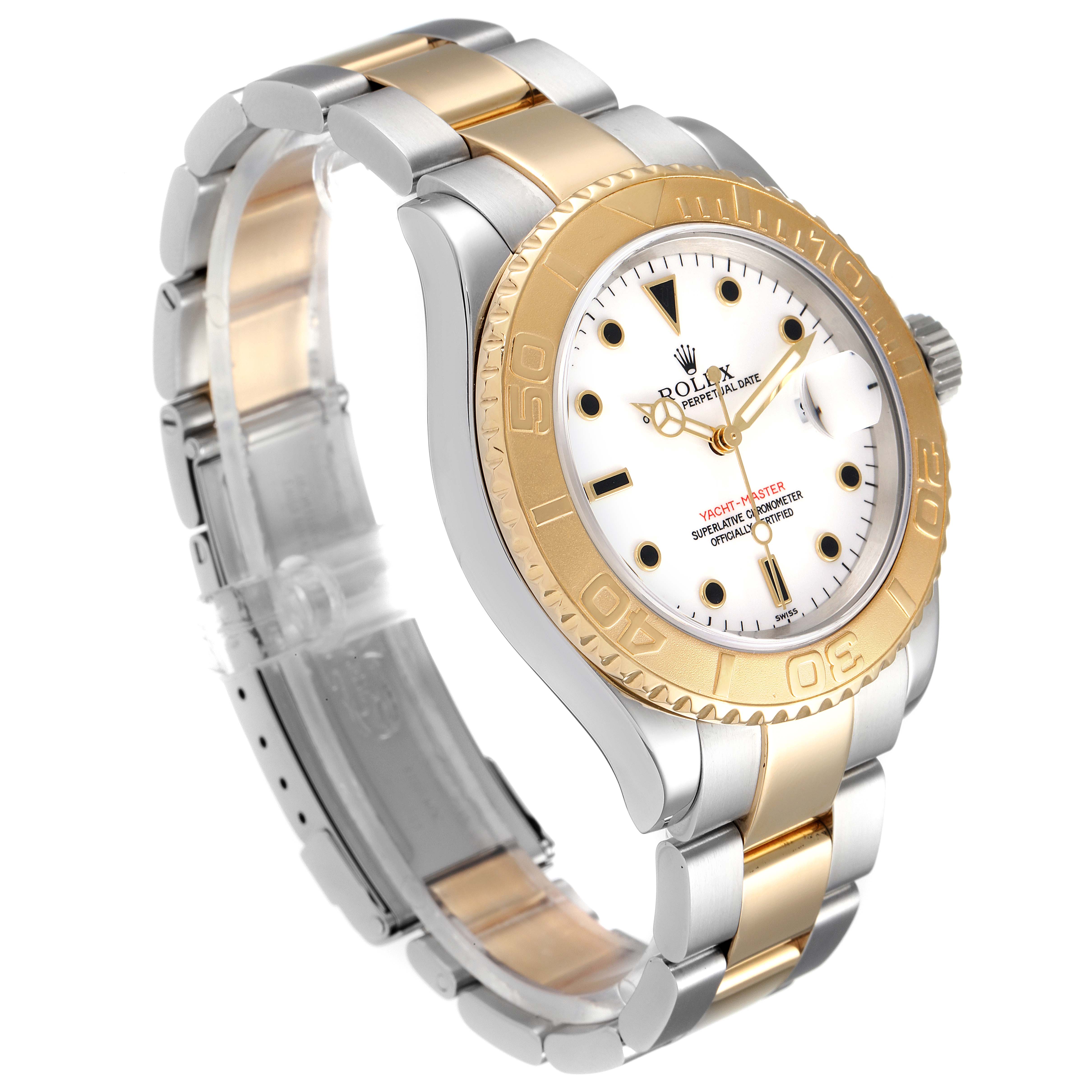 The Rolex Yacht-Master 16623 Men
s Steel and Gold (two tone) White Dial 16623 Men
s Steel and Gold (two tone) White Dial watch is shown at an oblique angle, highlighting the dial, bezel, and part of the bracelet.