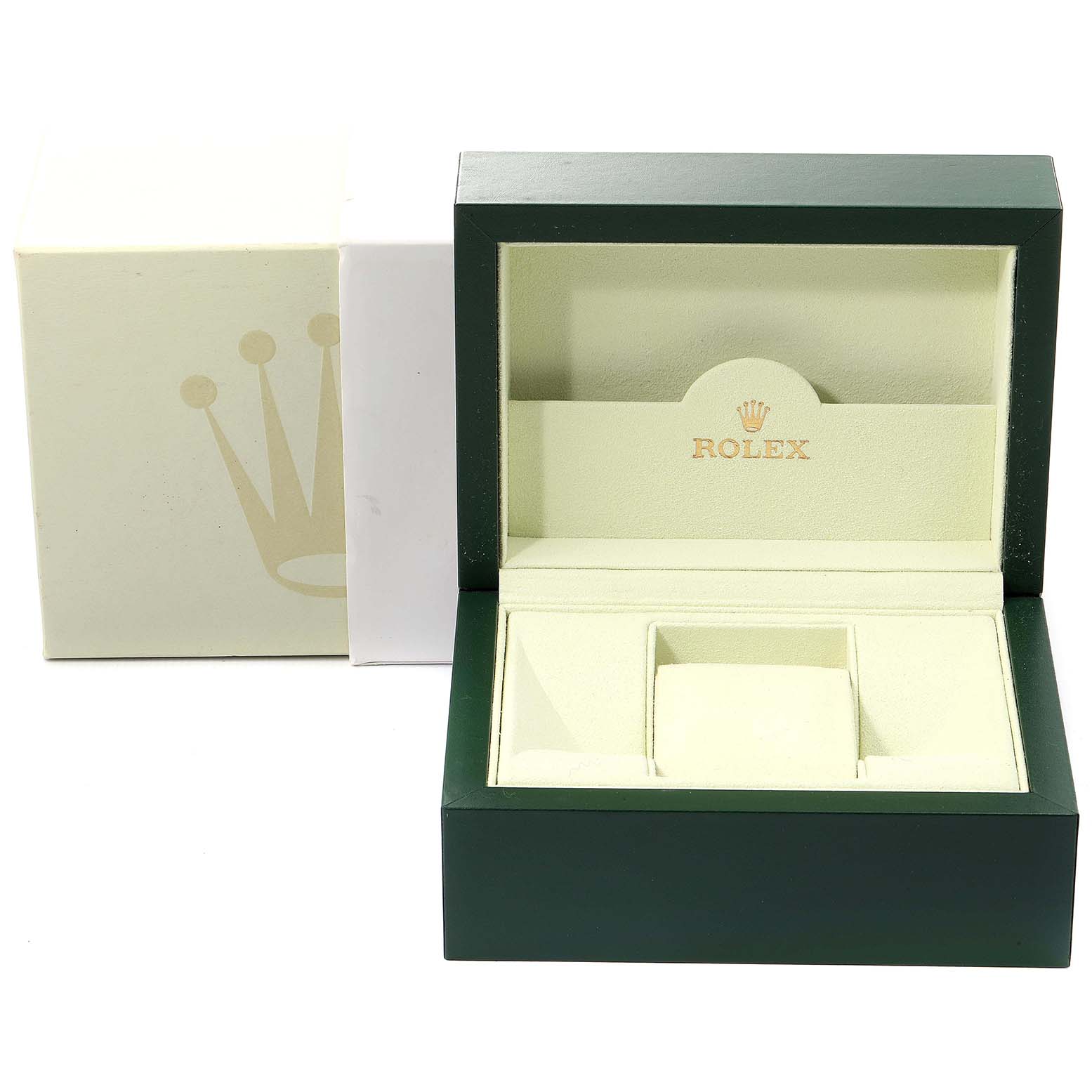 The image shows an open green Rolex Yacht-Master 16623 Men
s Steel and Gold (two tone) White Dial 16623 Men
s Steel and Gold (two tone) White Dial watch box with its white outer box next to it.