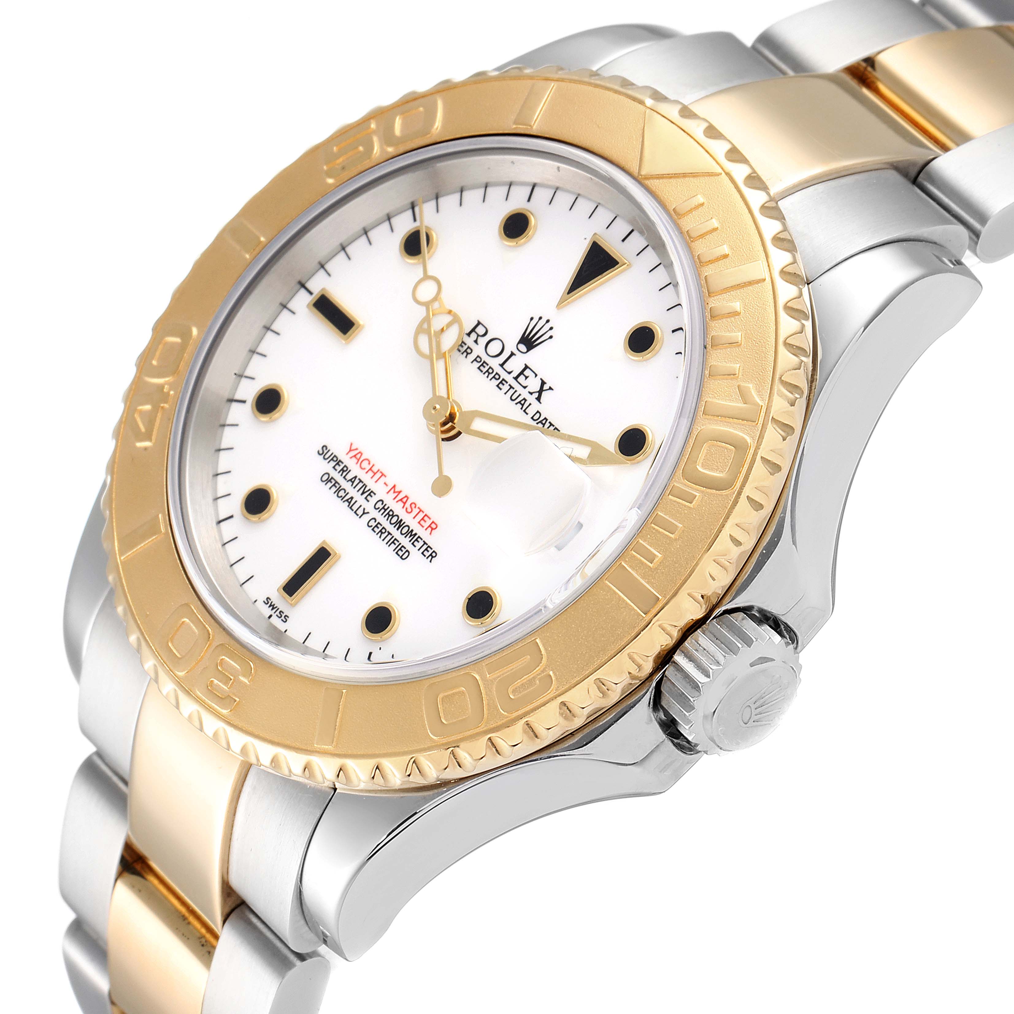 The image shows a Rolex Yacht-Master 16623 Men
s Steel and Gold (two tone) White Dial 16623 Men
s Steel and Gold (two tone) White Dial watch from an angled view, highlighting the dial, bezel, crown, and part of the bracelet.
