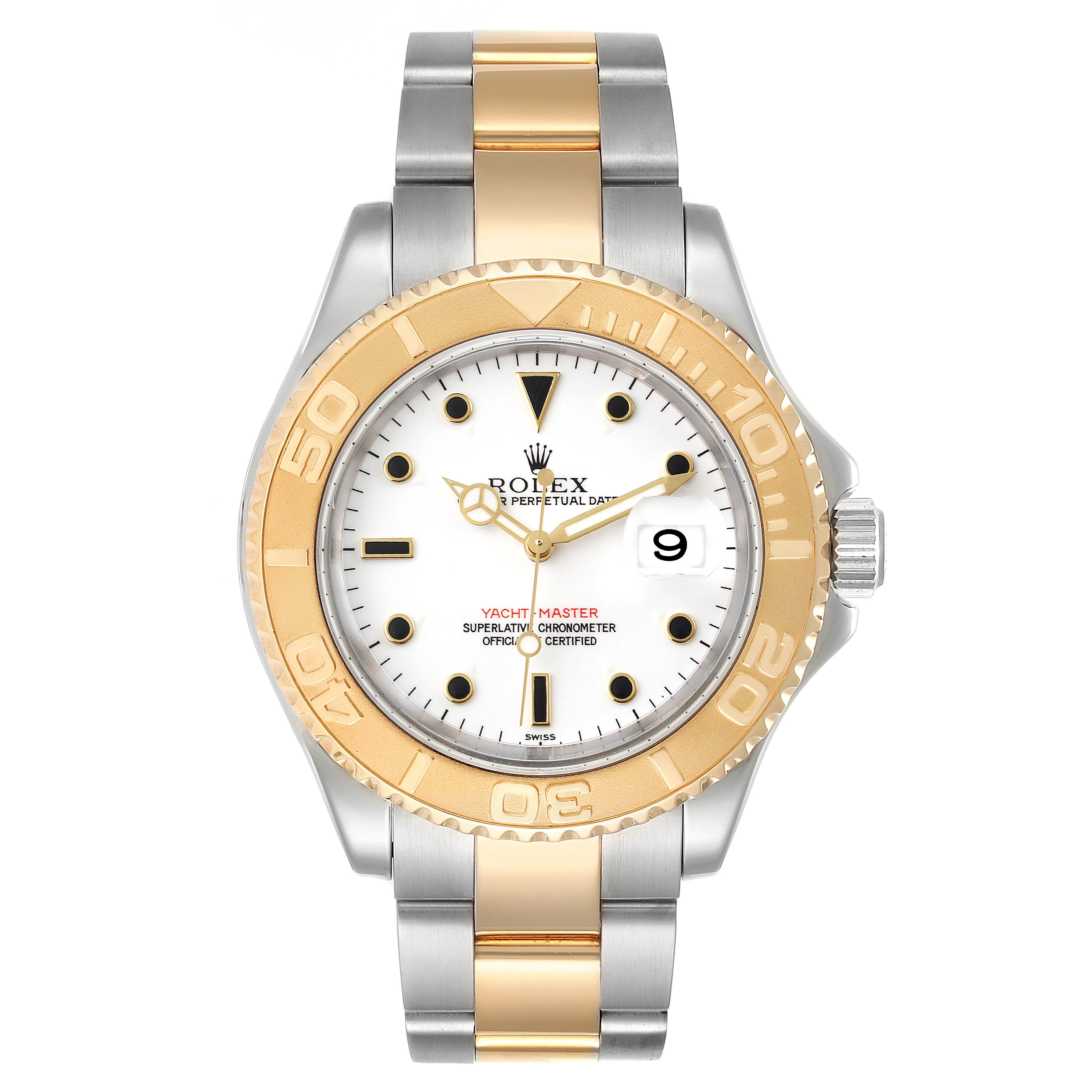 This image shows a Rolex Yacht-Master 16623 Men
s Steel and Gold (two tone) White Dial 16623 Men
s Steel and Gold (two tone) White Dial watch from the front, displaying its dial, bezel, and strap.
