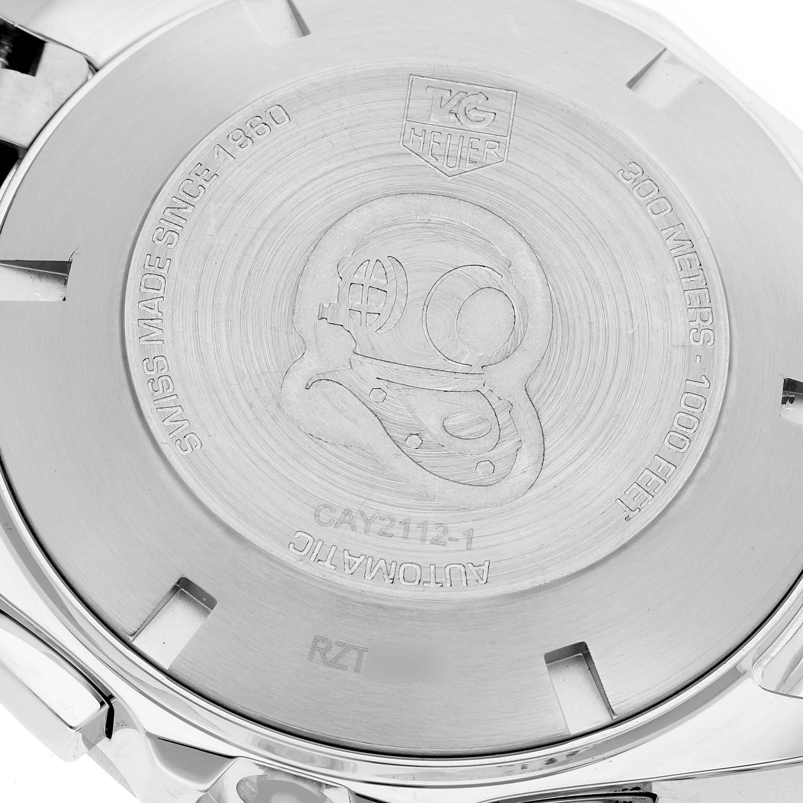 This image shows the case back of the Tag Heuer Aquaracer CAY2112.BA0927 Men's Stainless Steel Blue Dial CAY2112.BA0927 Men's Stainless Steel Blue Dial watch, highlighting its engravings and specifications.