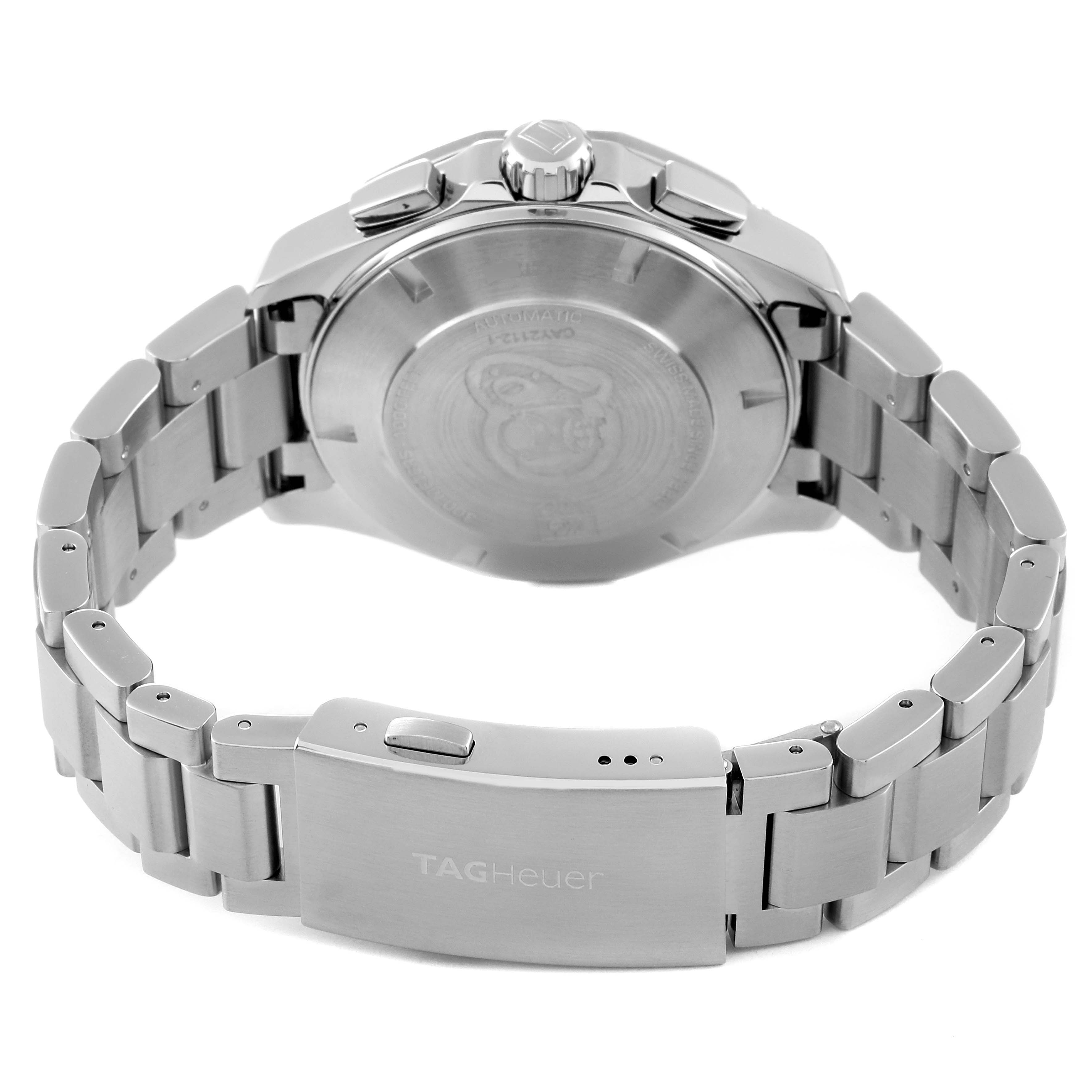 The image shows the back case and bracelet of the Tag Heuer Aquaracer CAY2112.BA0927 Men's Stainless Steel Blue Dial CAY2112.BA0927 Men's Stainless Steel Blue Dial watch, viewed from a rear angle.