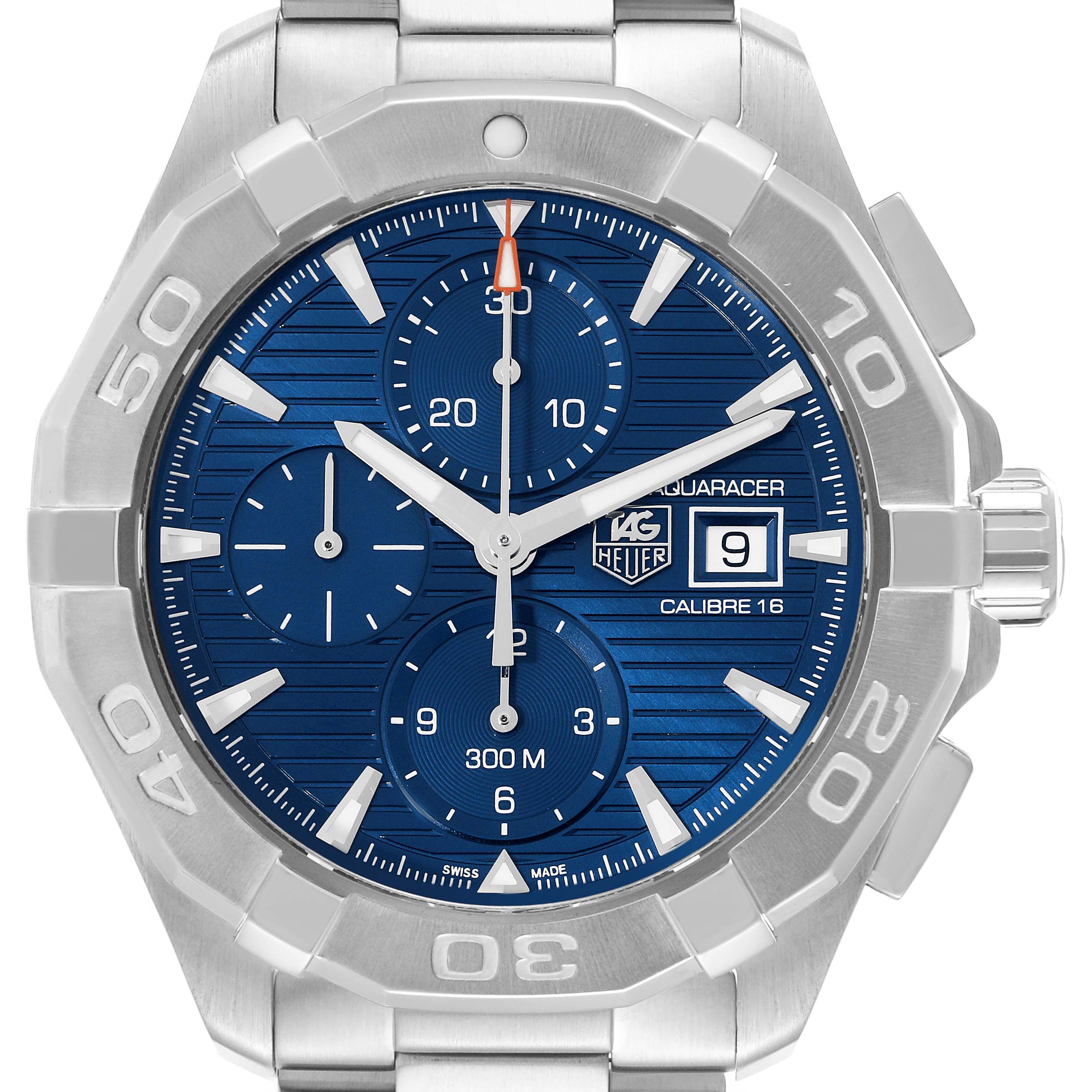 The image shows a frontal view of the Tag Heuer Aquaracer CAY2112.BA0927 Men's Stainless Steel Blue Dial CAY2112.BA0927 Men's Stainless Steel Blue Dial watch face, showcasing its chronograph, dial, and bezel.