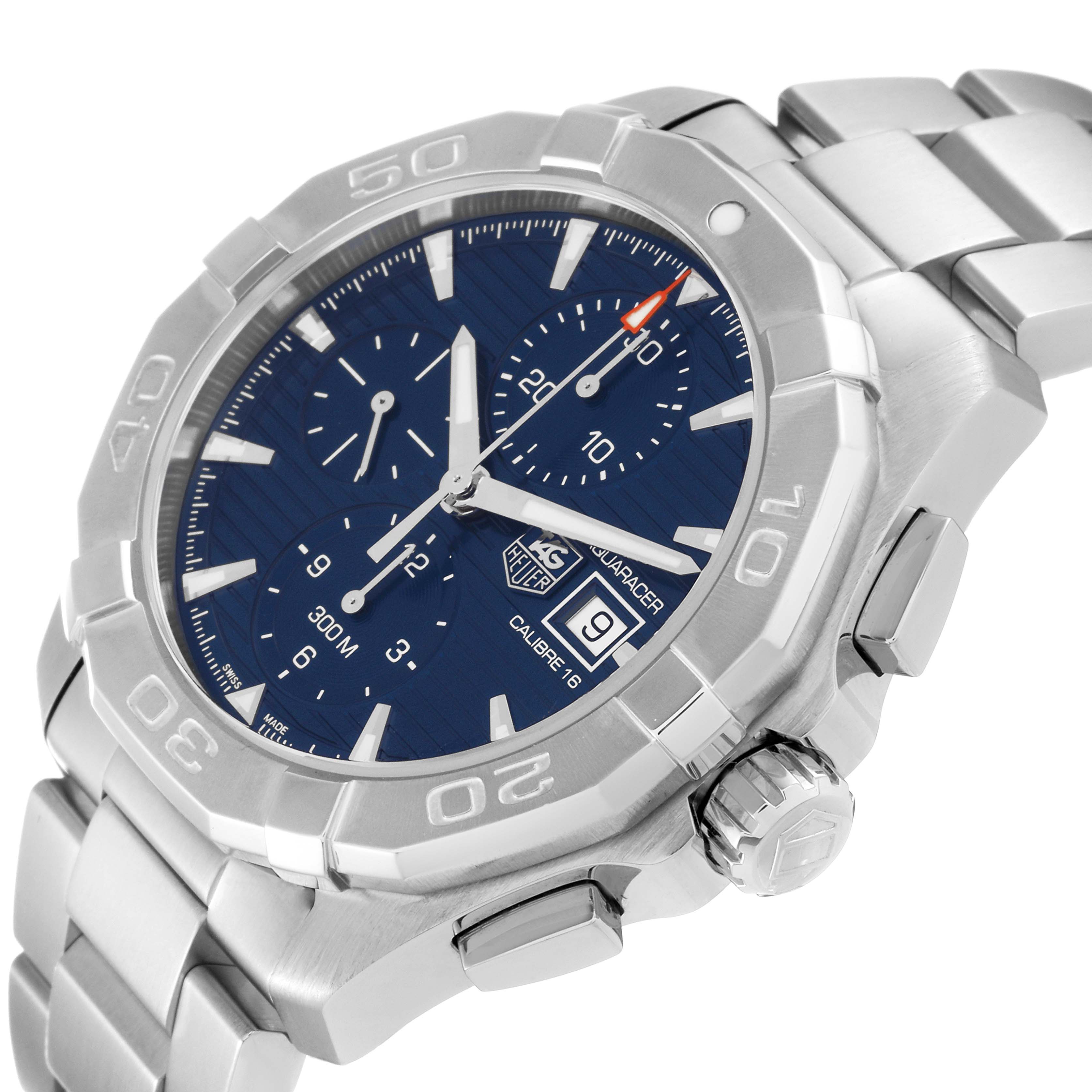 The image shows a close-up of a Tag Heuer Aquaracer CAY2112.BA0927 Men's Stainless Steel Blue Dial CAY2112.BA0927 Men's Stainless Steel Blue Dial watch, focusing on its bezel, dial, and crown from an angled side view.