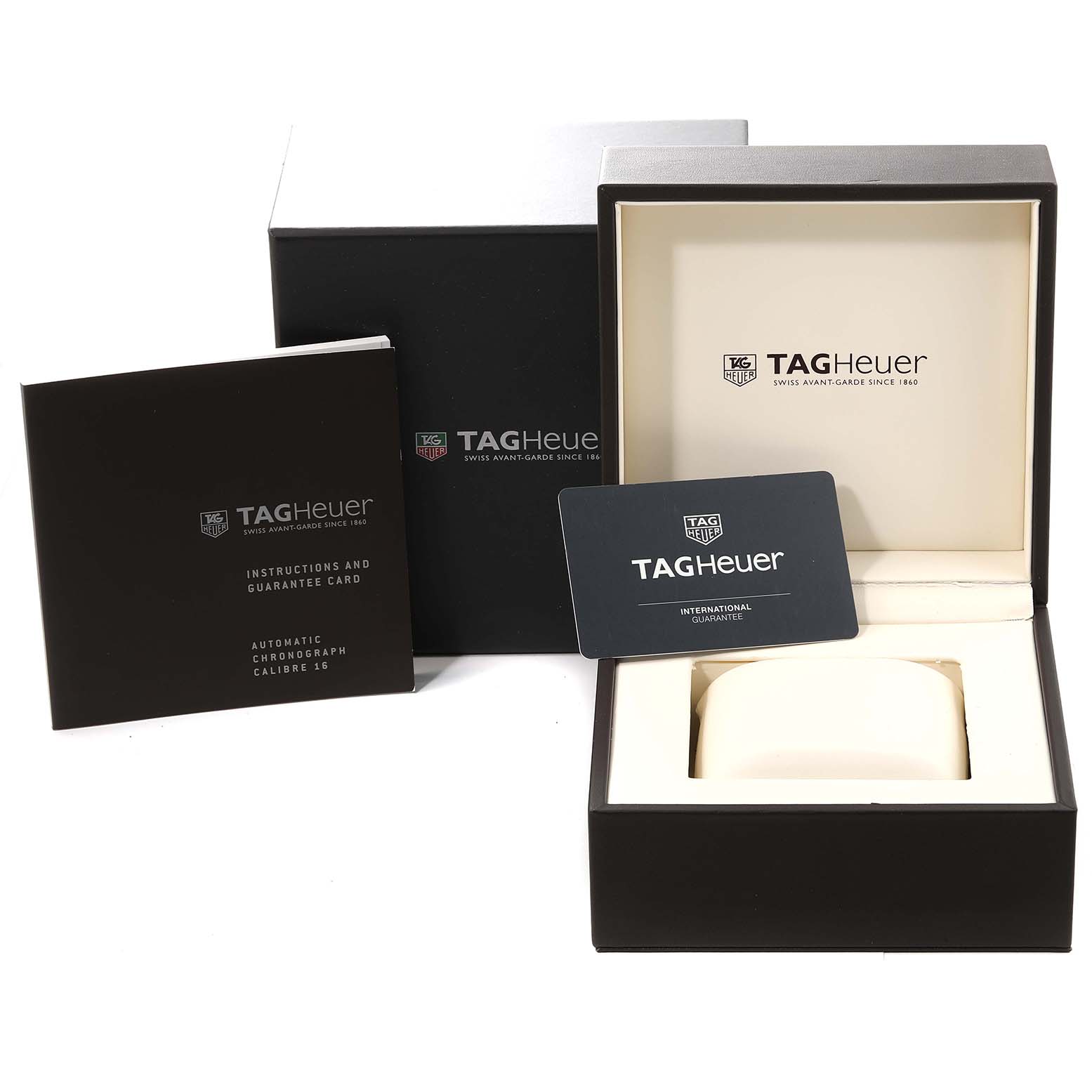 This image shows the packaging, international guarantee card, and instruction manual for the Tag Heuer Aquaracer CAY2112.BA0927 Men's Stainless Steel Blue Dial CAY2112.BA0927 Men's Stainless Steel Blue Dial watch.