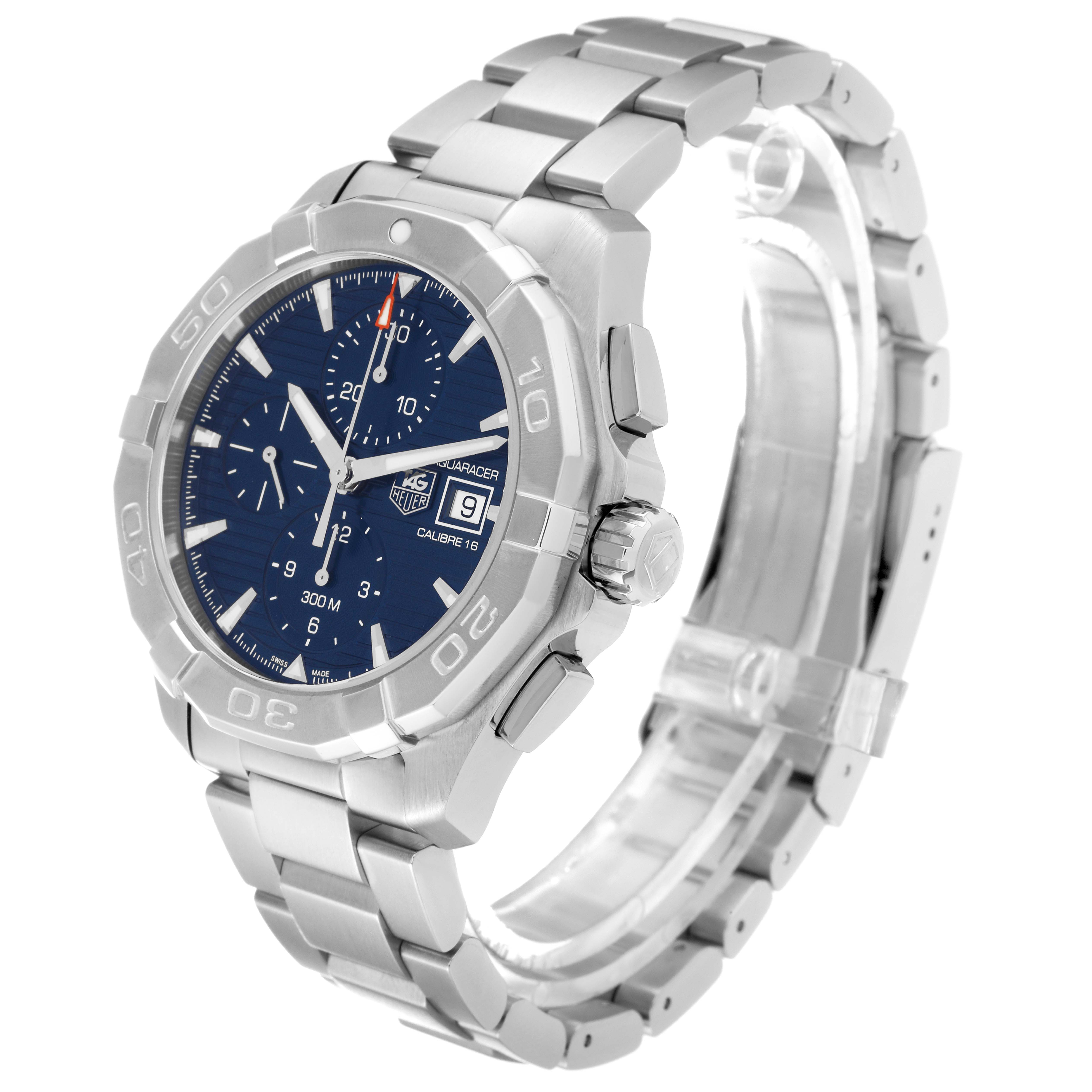 The image shows a Tag Heuer Aquaracer CAY2112.BA0927 Men's Stainless Steel Blue Dial CAY2112.BA0927 Men's Stainless Steel Blue Dial watch from a side angle, highlighting the face, bezel, crown, and bracelet.