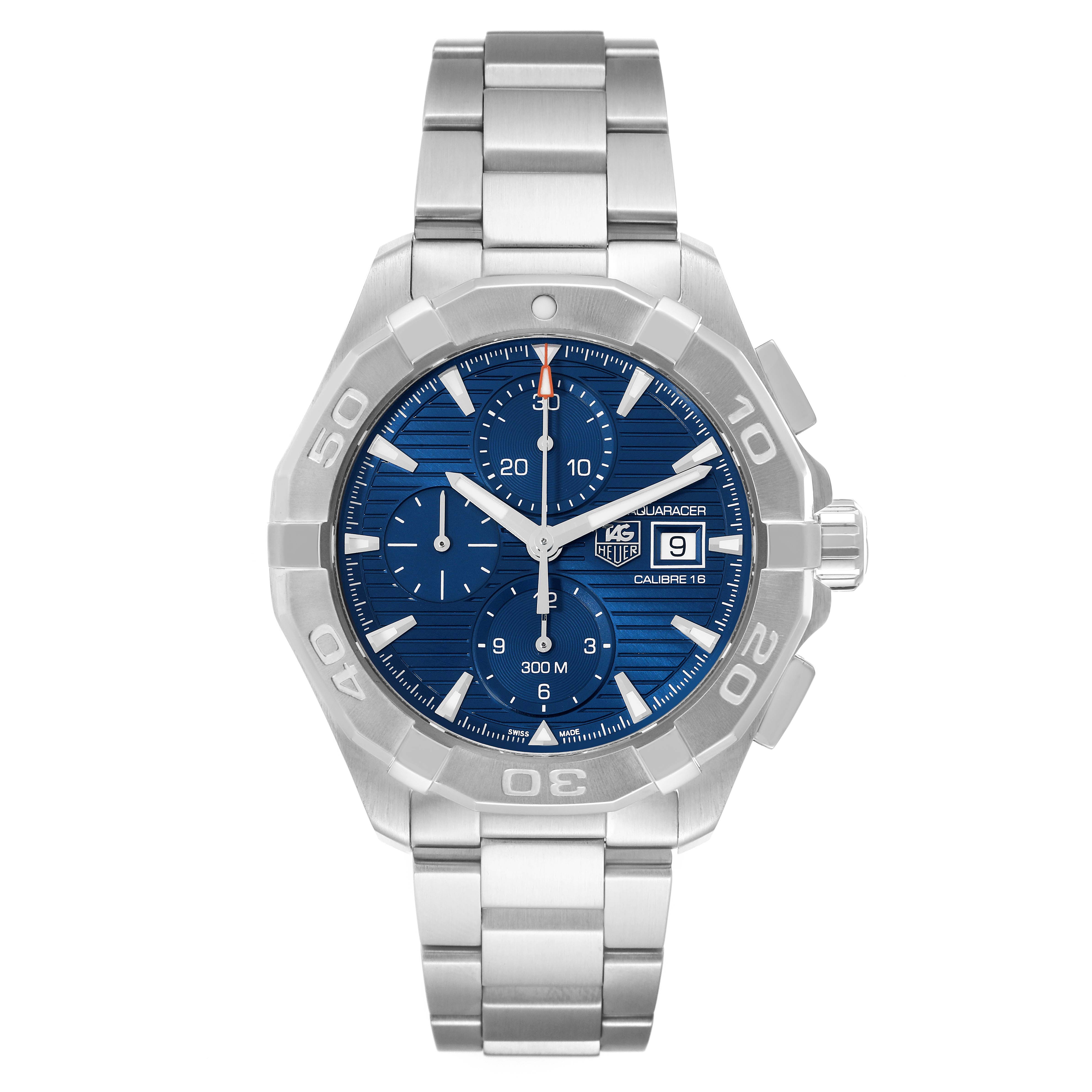 This image shows a frontal view of the Tag Heuer Aquaracer CAY2112.BA0927 Men's Stainless Steel Blue Dial CAY2112.BA0927 Men's Stainless Steel Blue Dial watch, displaying its face, bezel, and stainless steel bracelet.