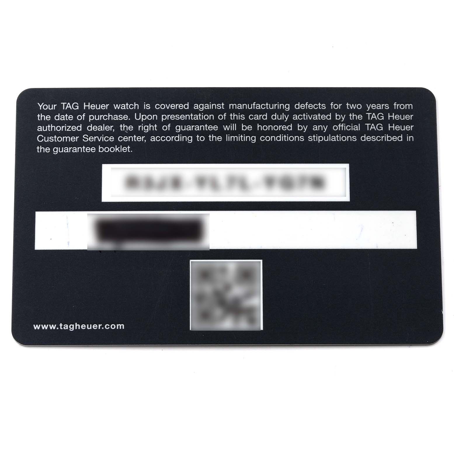 This image shows a Tag Heuer Aquaracer CAY2112.BA0927 Men's Stainless Steel Blue Dial CAY2112.BA0927 Men's Stainless Steel Blue Dial warranty card with text explaining guarantee conditions on a black background.