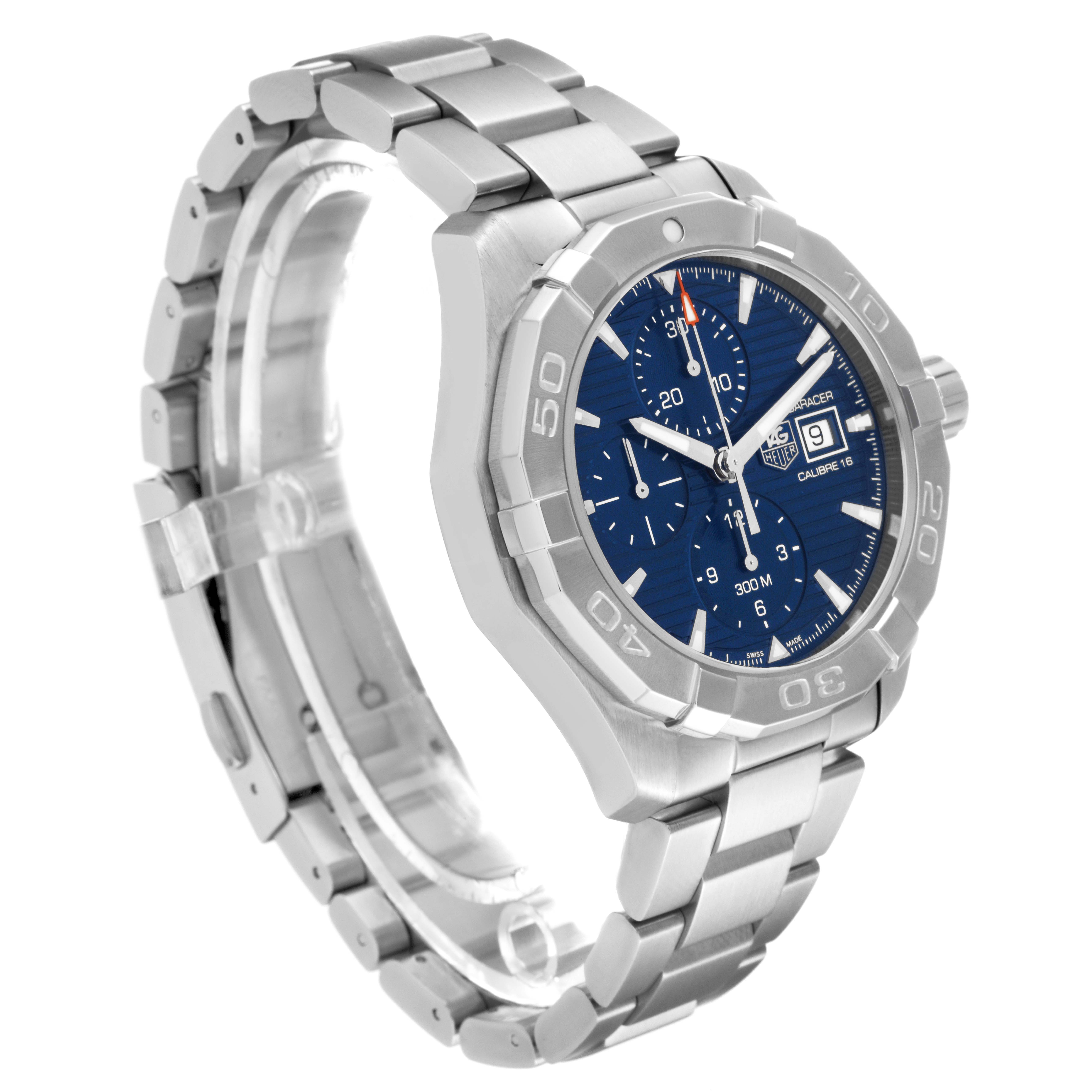 The image shows a side-angle view of the Tag Heuer Aquaracer CAY2112.BA0927 Men's Stainless Steel Blue Dial CAY2112.BA0927 Men's Stainless Steel Blue Dial watch, displaying its face, bezel, and metal bracelet.
