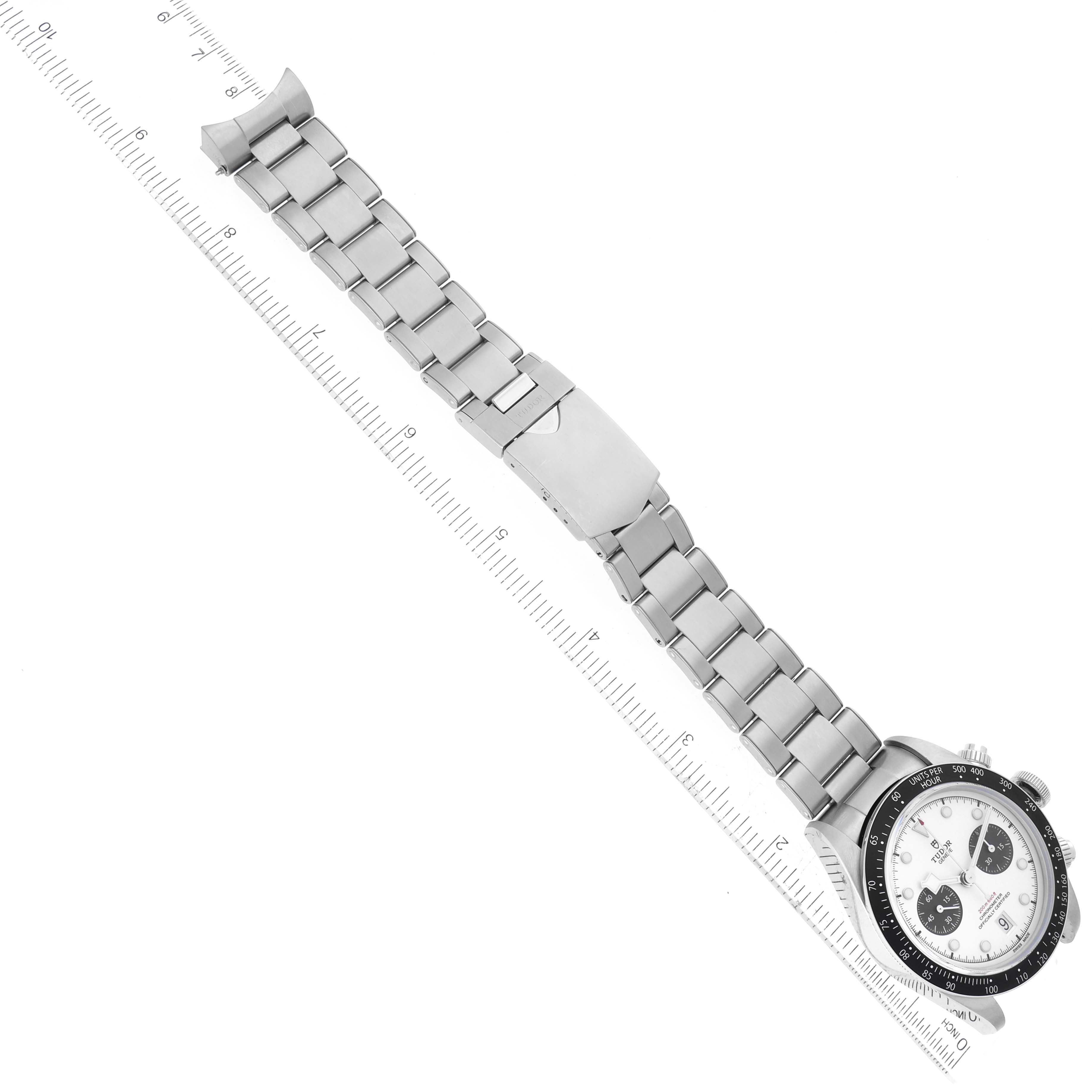 The image shows a Tudor Heritage Black Bay watch laid flat, displaying the bracelet and clasp, and measured against a ruler.