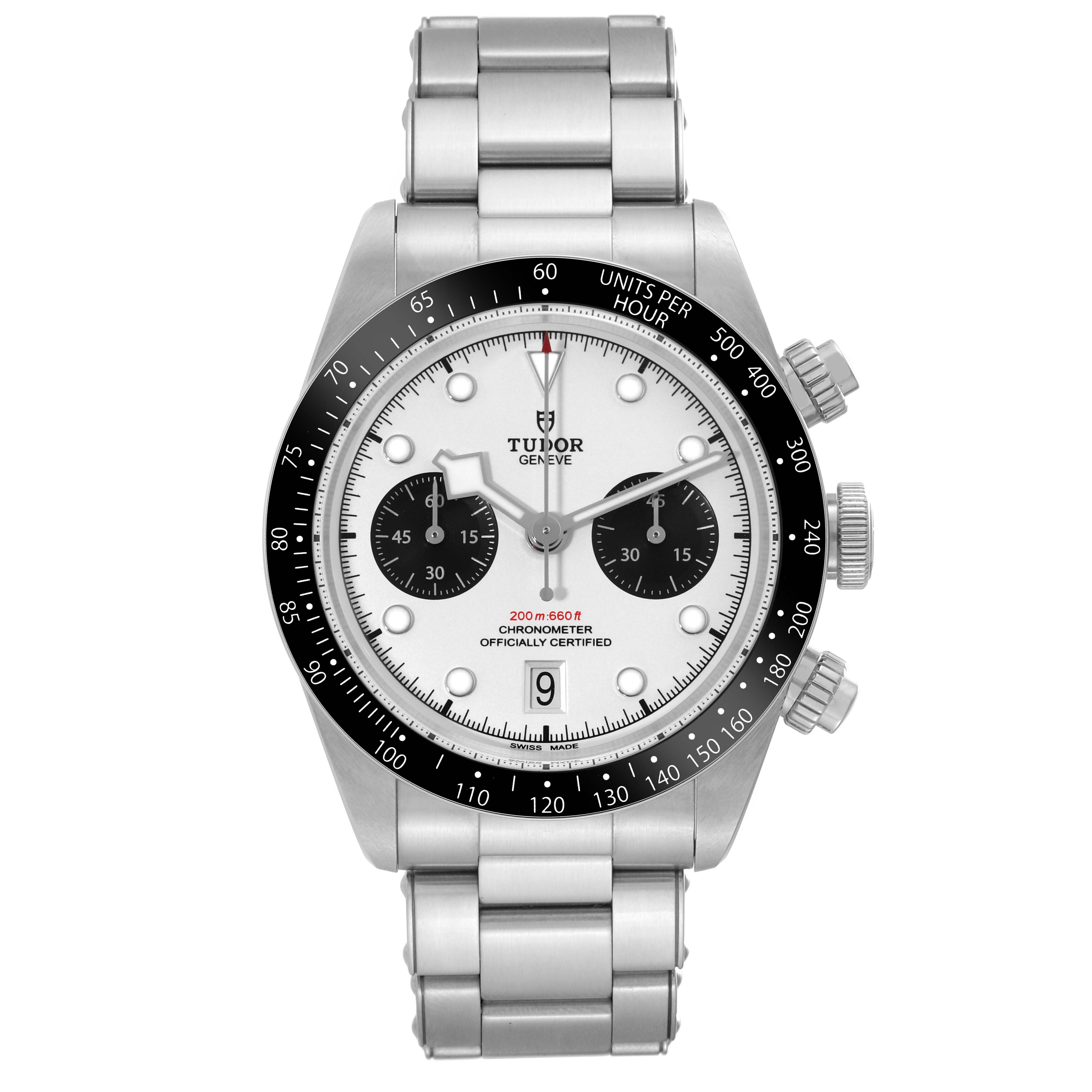 The image shows a front view of the Tudor Heritage Black Bay watch, including its bracelet, bezel, dial, and pushers.