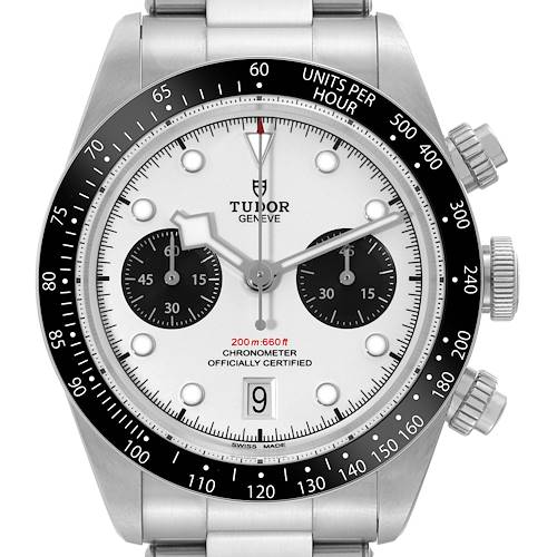 The image shows a front view of the Tudor Heritage Black Bay watch, displaying the dial, bezel, and chronograph sub-dials.