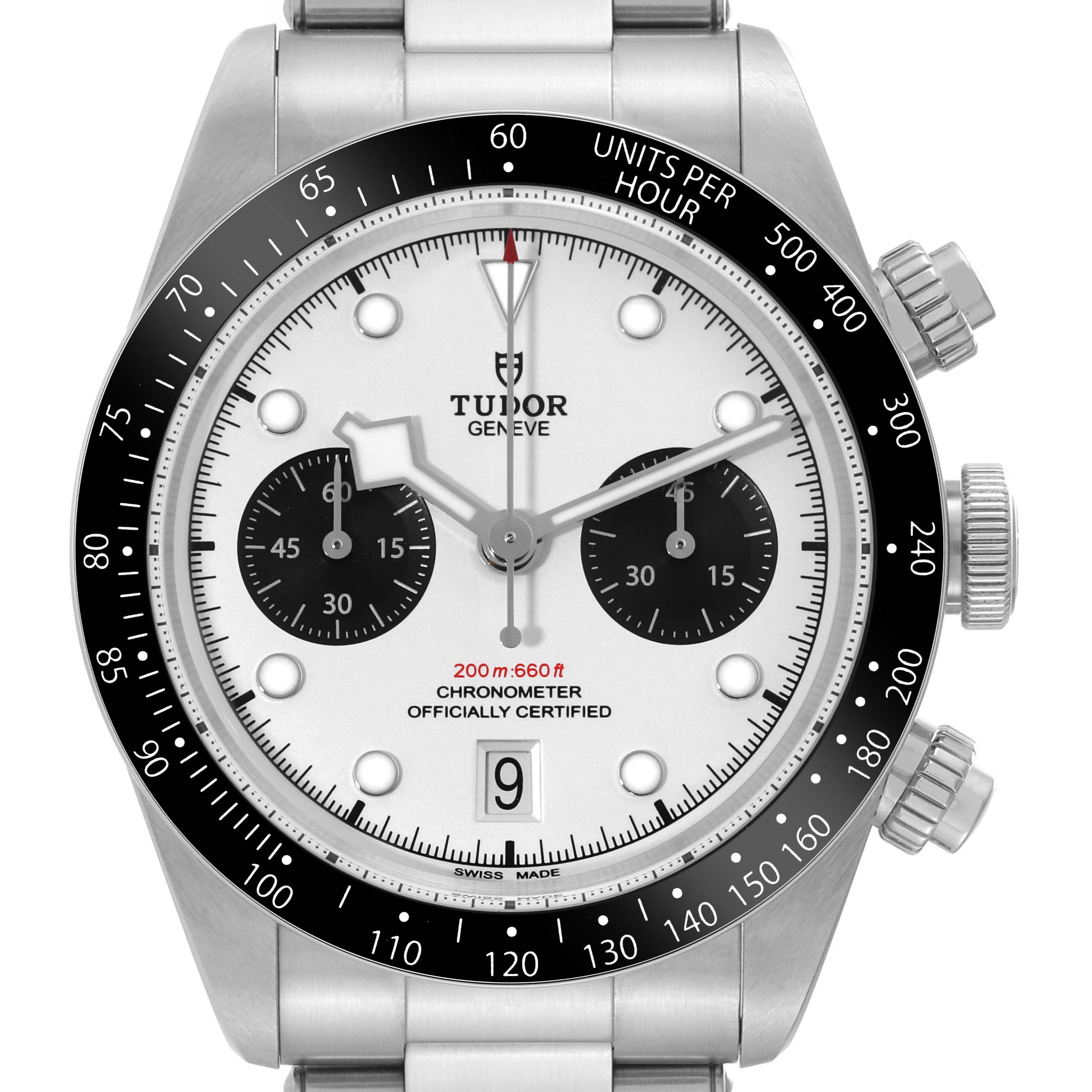 The image shows a front view of the Tudor Heritage Black Bay watch, highlighting its dial, bezel, and crown.