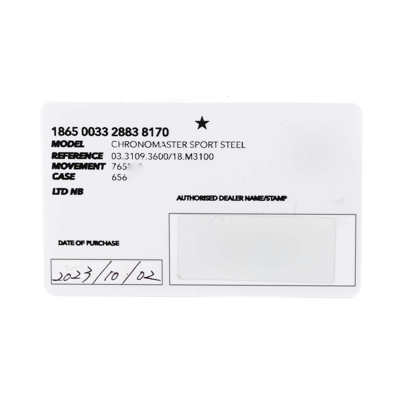 The image shows the warranty card for the Zenith El Primero Chronomaster Sport Steel model.