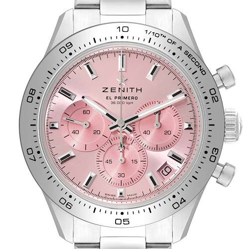 The image shows a front view of a Zenith El Primero model with a pink dial, chronograph subdials, and a date window.