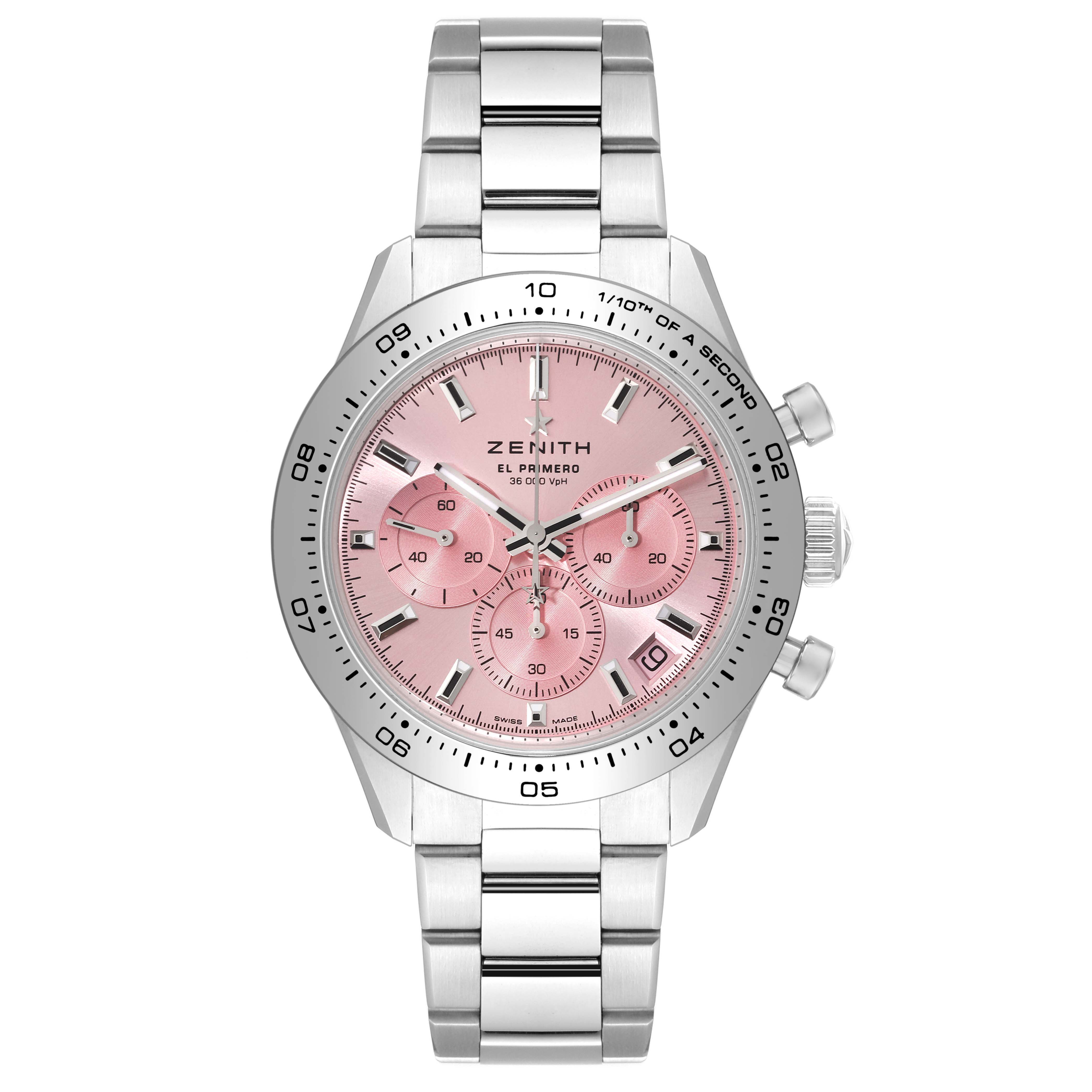The image shows a Zenith El Primero watch, viewed from the front, displaying its pink dial, chronograph subdials, and stainless steel bracelet.
