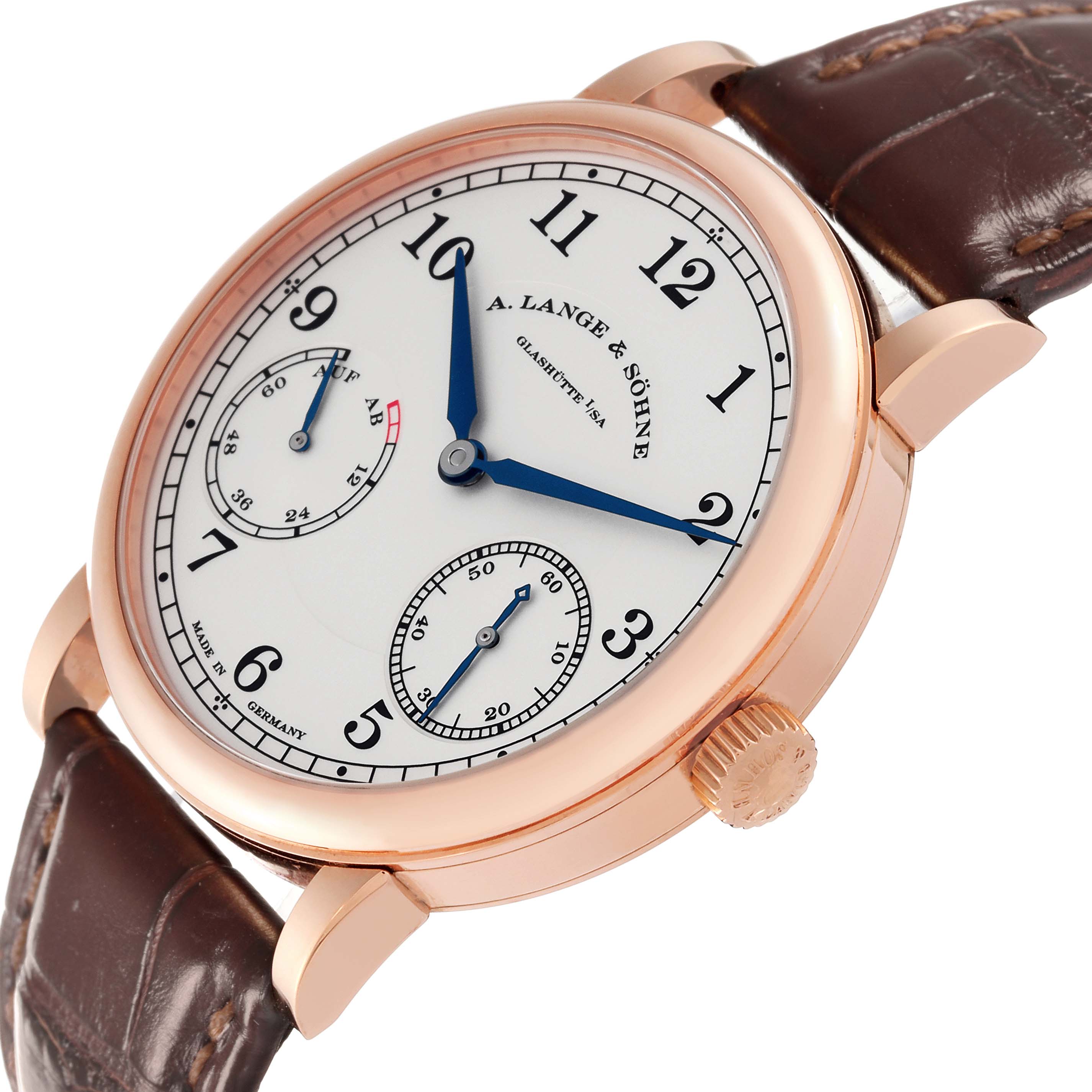 The image shows a close-up angled view of the A. Lange 
Sohne 1815 234.032 Men
s Rose Gold Silver Dial watch, highlighting the dial, hands, and crown with a leather strap.