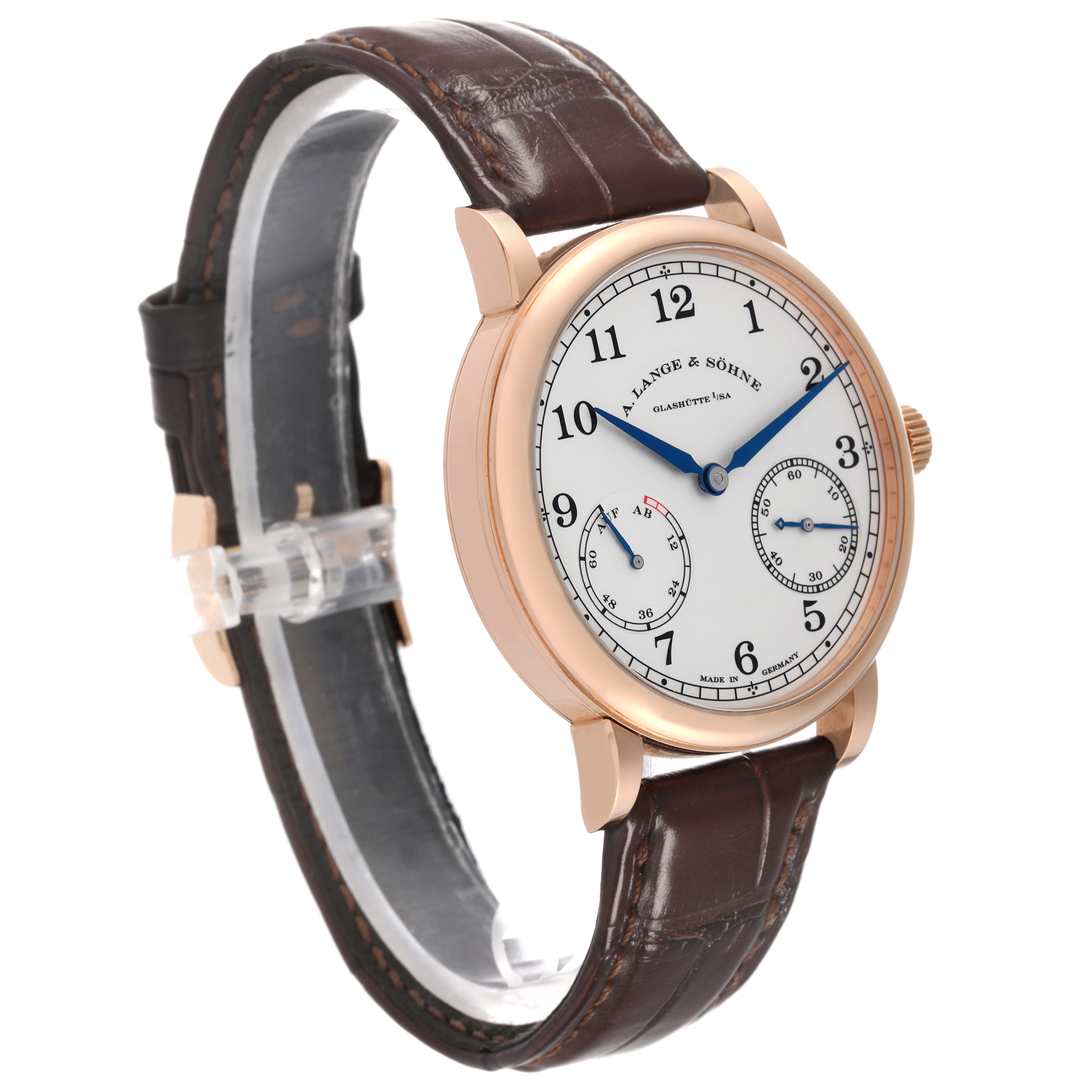 The A. Lange 
Sohne 1815 234.032 Men
s Rose Gold Silver Dial model watch is shown at an angled view, highlighting its dial, case, crown, and leather strap.