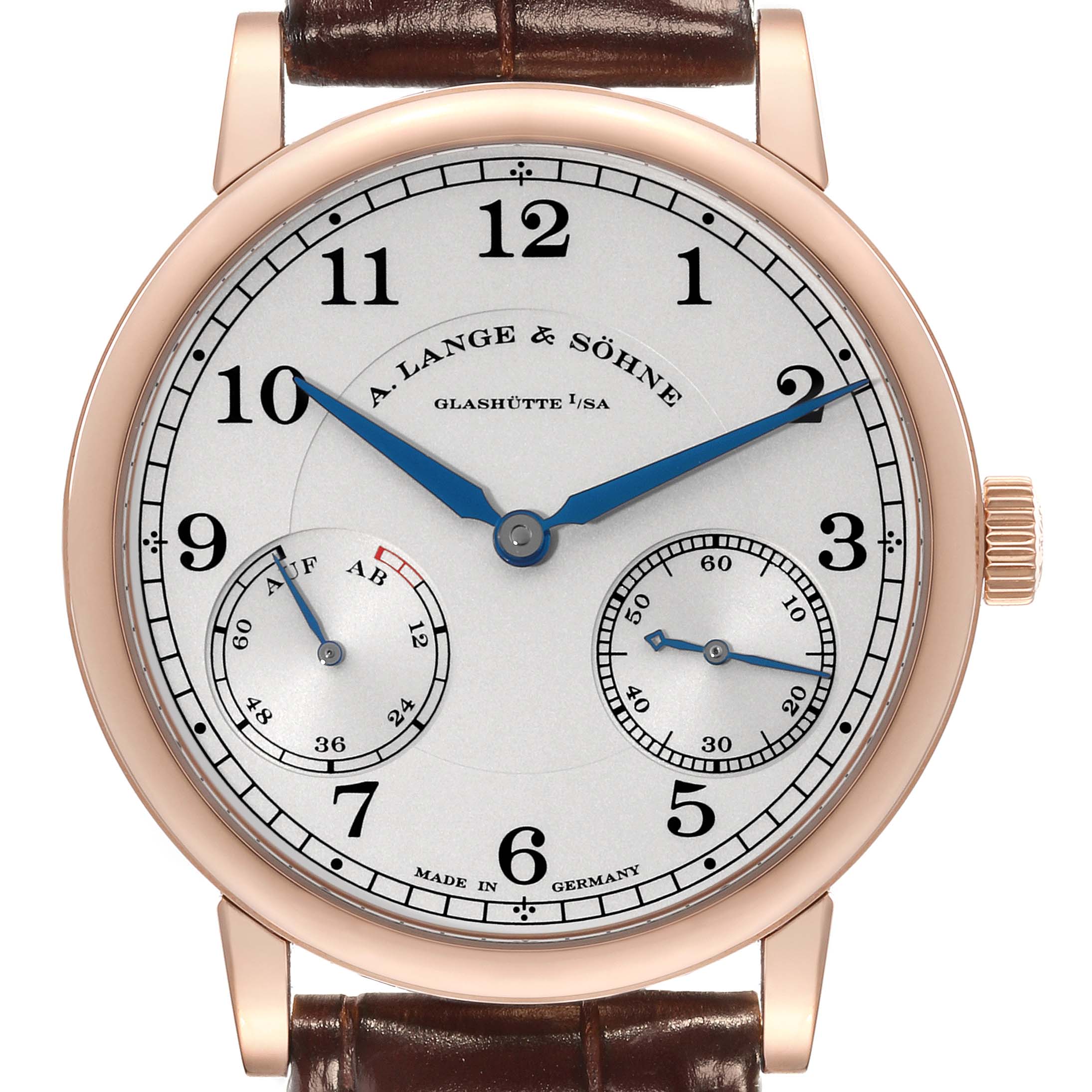 This image shows a frontal view of the A. Lange 
Sohne 1815 234.032 Men
s Rose Gold Silver Dial model watch, displaying its dial, hands, and subdials.