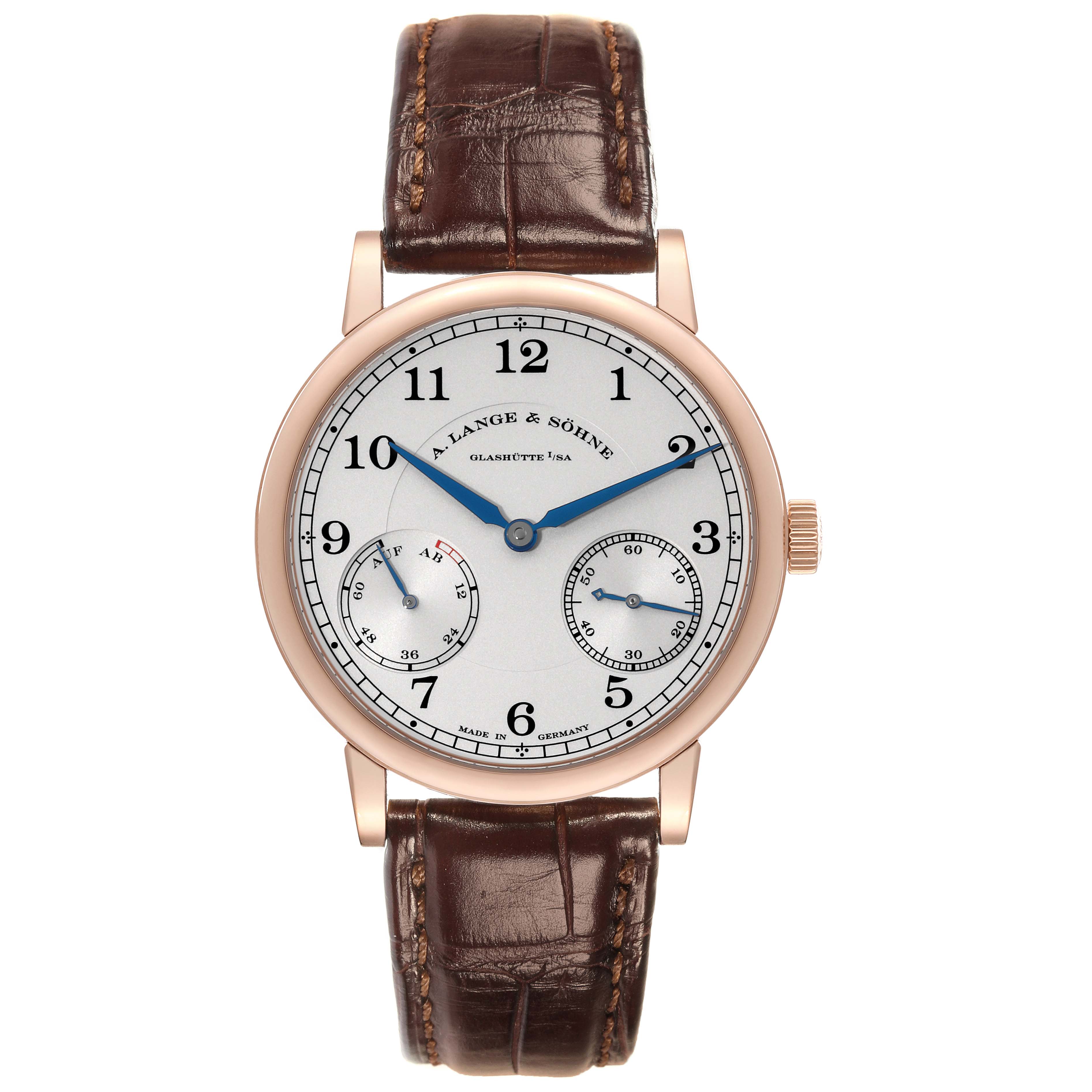 The image shows a front view of the A. Lange 
Sohne 1815 234.032 Men
s Rose Gold Silver Dial model watch with a brown leather strap.