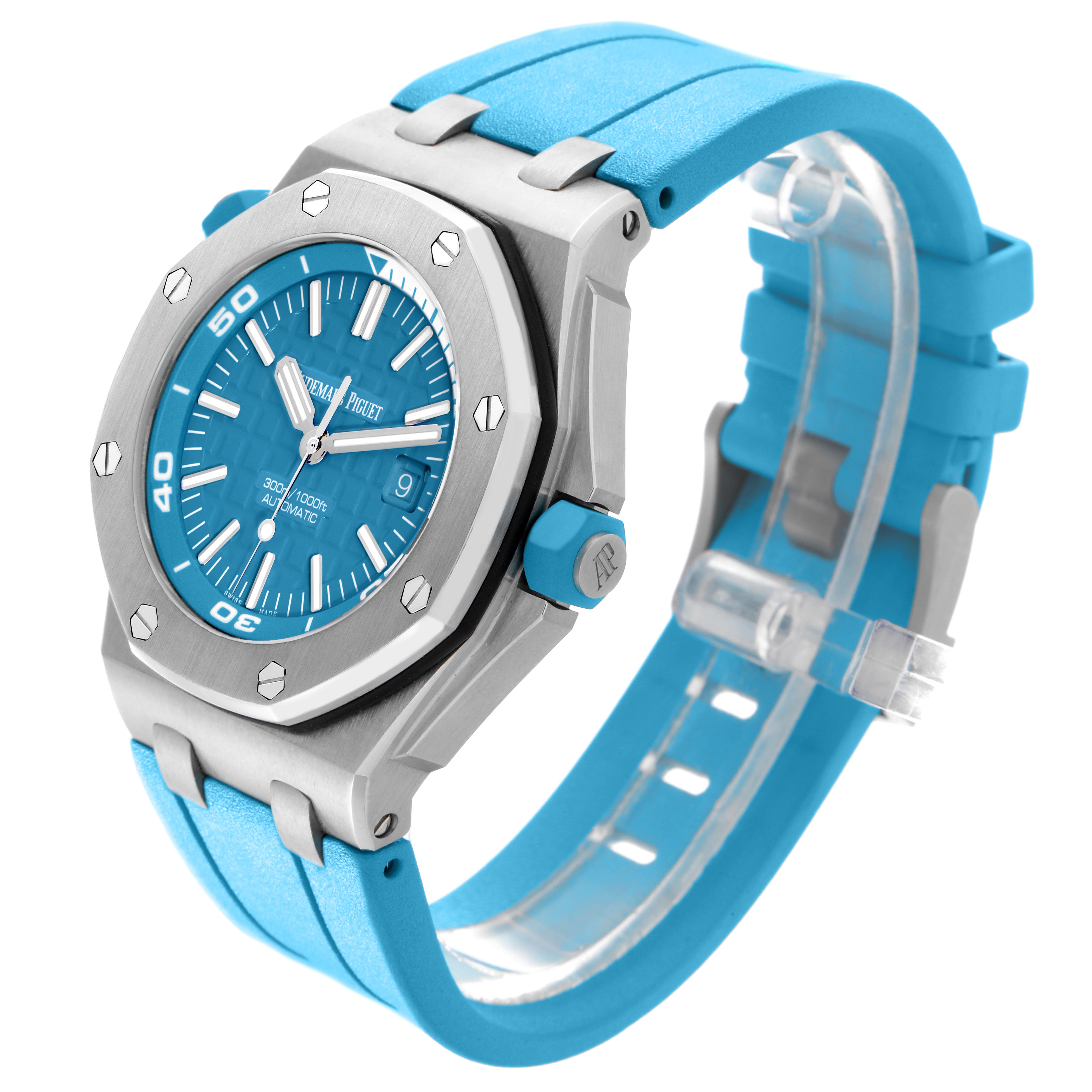 The Audemars Piguet Royal Oak Offshore 15710ST.OO.A032CA.01 Men's Stainless Steel Blue Dial 15710ST.OO.A032CA.01 Men's Stainless Steel Blue Dial watch is shown at a three-quarter angle highlighting its face, bezel, and strap.