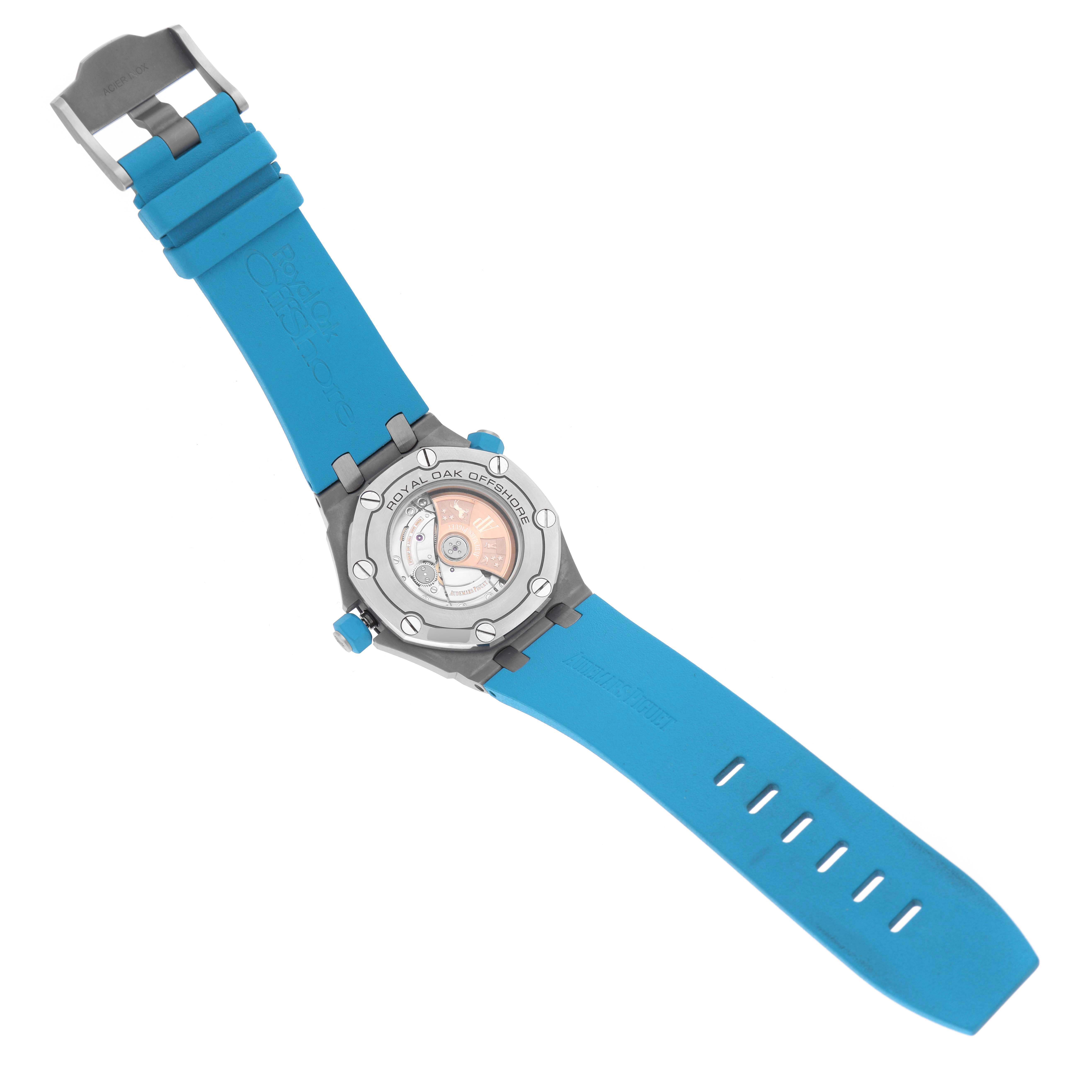 This image shows the back of an Audemars Piguet Royal Oak Offshore 15710ST.OO.A032CA.01 Men's Stainless Steel Blue Dial 15710ST.OO.A032CA.01 Men's Stainless Steel Blue Dial watch with a blue strap, highlighting the case back and buckle.