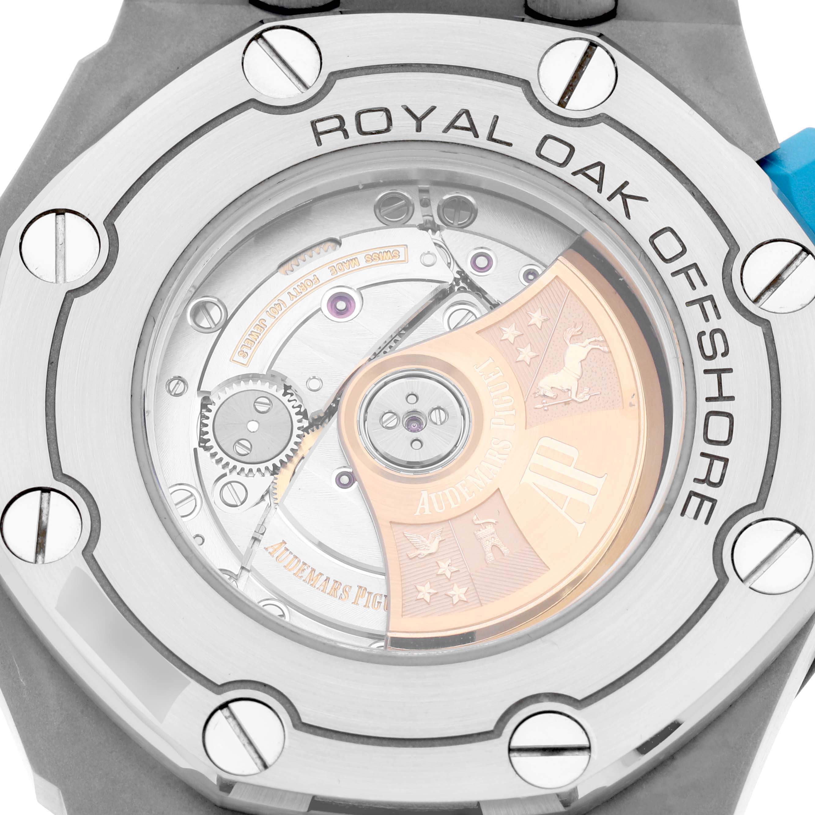 The image shows the back view of the Audemars Piguet Royal Oak Offshore 15710ST.OO.A032CA.01 Men's Stainless Steel Blue Dial 15710ST.OO.A032CA.01 Men's Stainless Steel Blue Dial watch, highlighting its exposed mechanical movement.