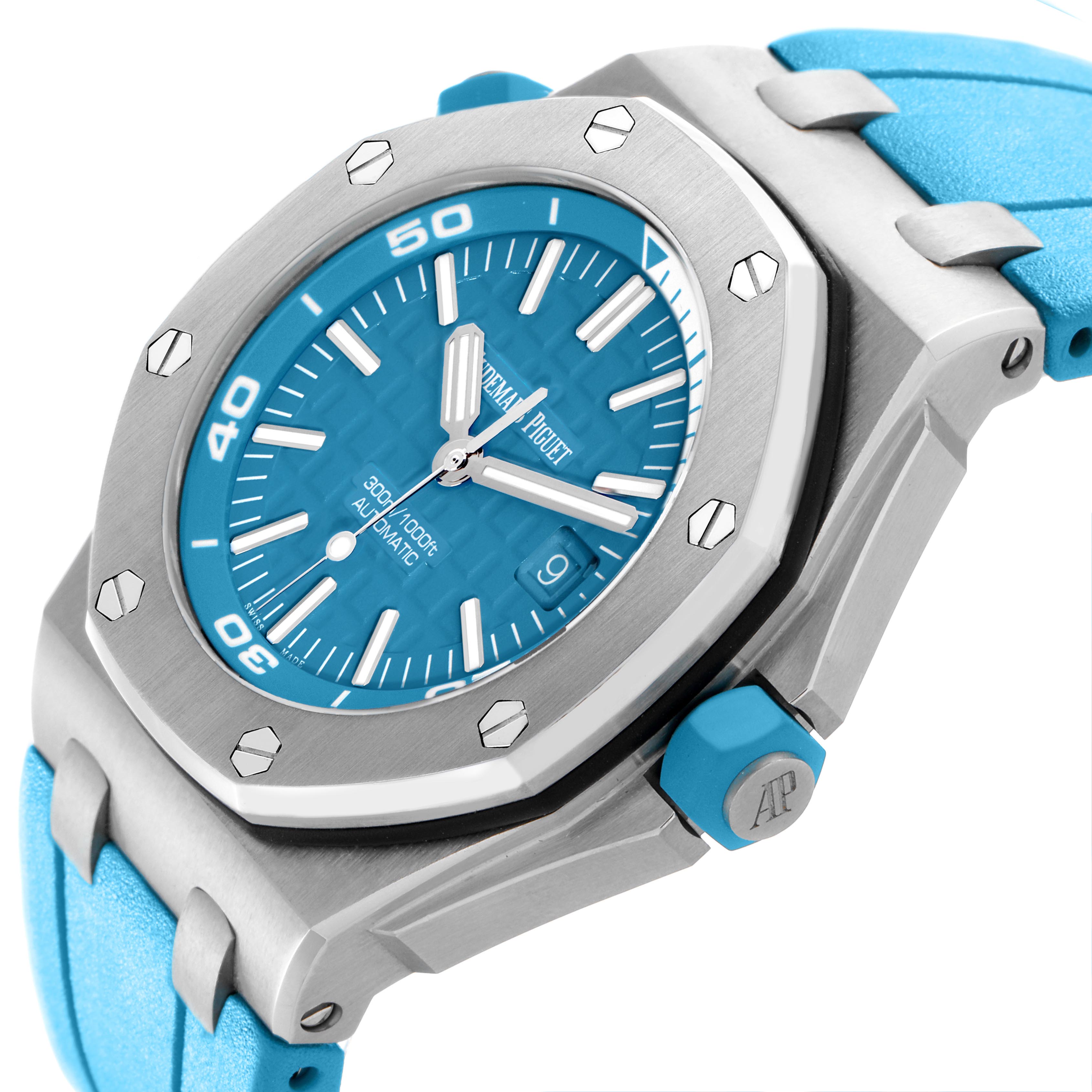 The Audemars Piguet Royal Oak Offshore 15710ST.OO.A032CA.01 Men's Stainless Steel Blue Dial 15710ST.OO.A032CA.01 Men's Stainless Steel Blue Dial watch is shown at an angle displaying the face, side case, bezel, and part of the strap.