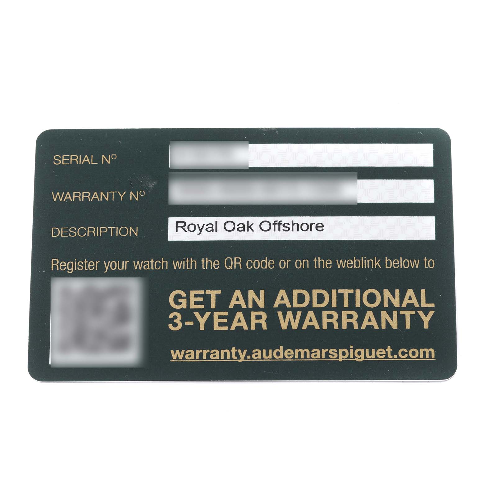 This image shows the warranty card for the Audemars Piguet Royal Oak Offshore 15710ST.OO.A032CA.01 Men's Stainless Steel Blue Dial 15710ST.OO.A032CA.01 Men's Stainless Steel Blue Dial model.