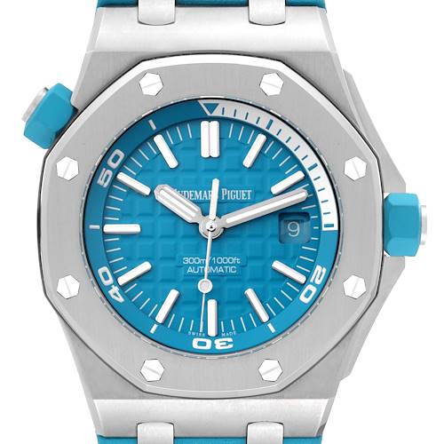 This image shows a front view of the Audemars Piguet Royal Oak Offshore watch, highlighting its blue dial, bezel, and rubber strap.