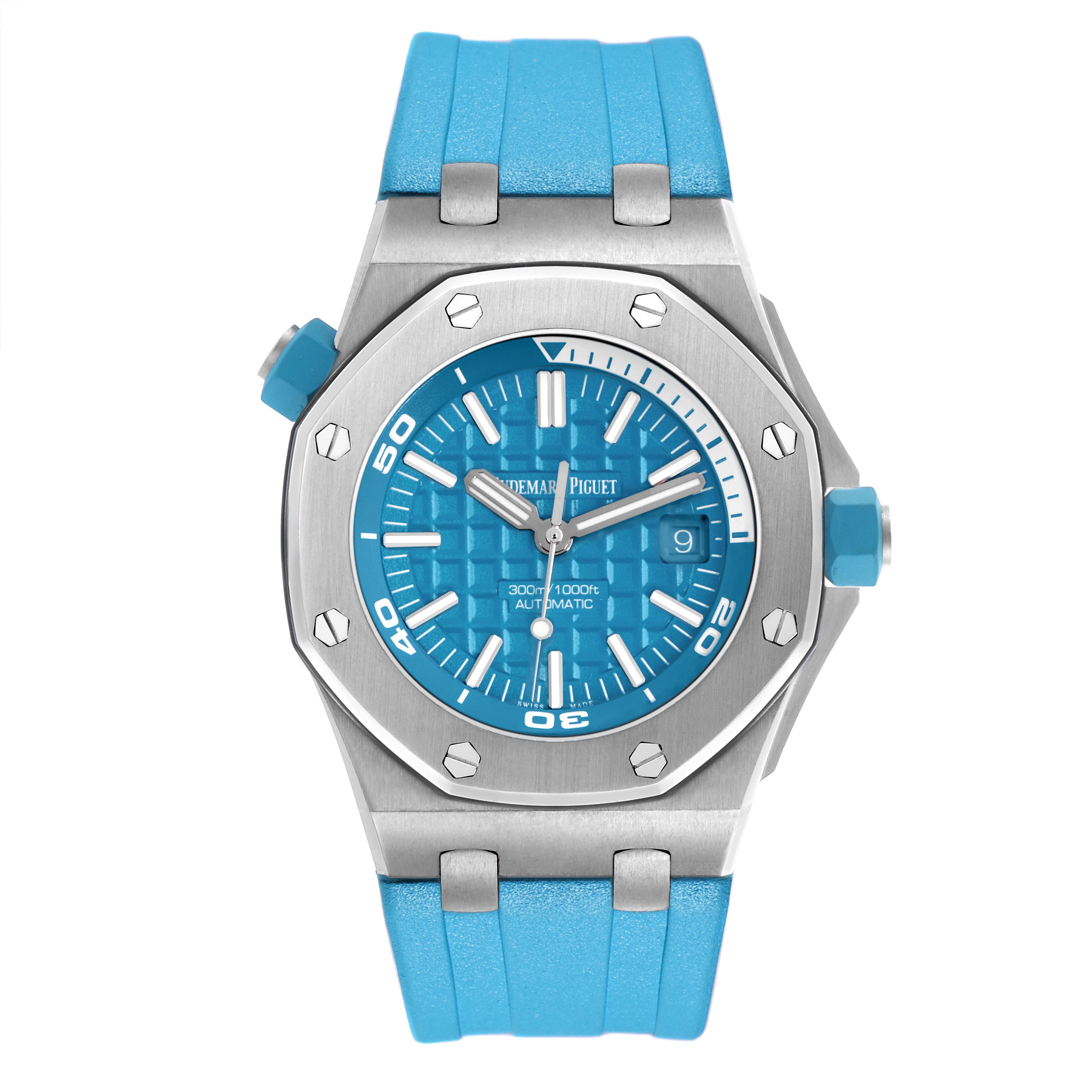 The Audemars Piguet Royal Oak Offshore 15710ST.OO.A032CA.01 Men's Stainless Steel Blue Dial 15710ST.OO.A032CA.01 Men's Stainless Steel Blue Dial watch is shown from the front, displaying the bezel, dial, and strap.