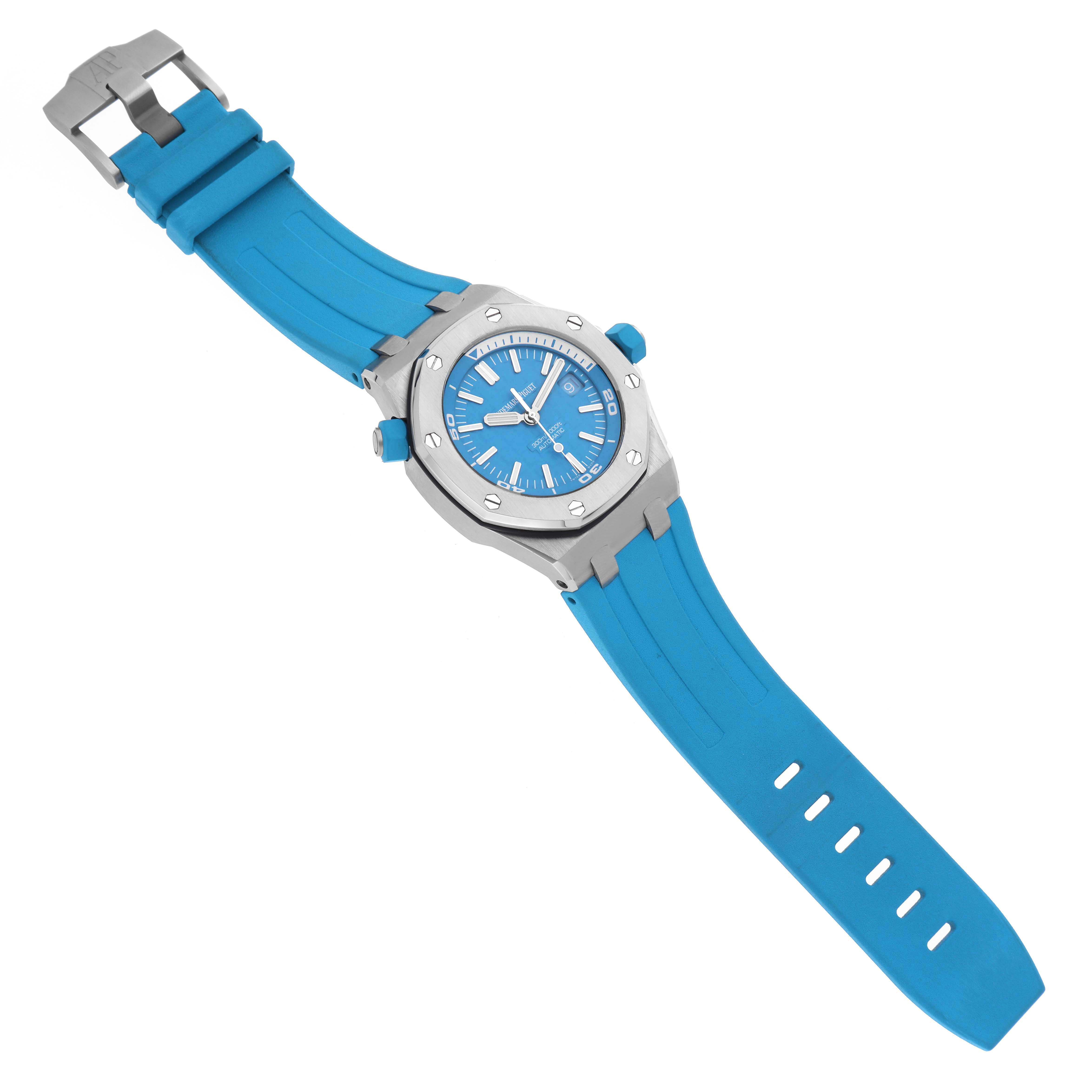 The image shows a top-down view of the Audemars Piguet Royal Oak Offshore 15710ST.OO.A032CA.01 Men's Stainless Steel Blue Dial 15710ST.OO.A032CA.01 Men's Stainless Steel Blue Dial watch with a blue dial and blue rubber strap.