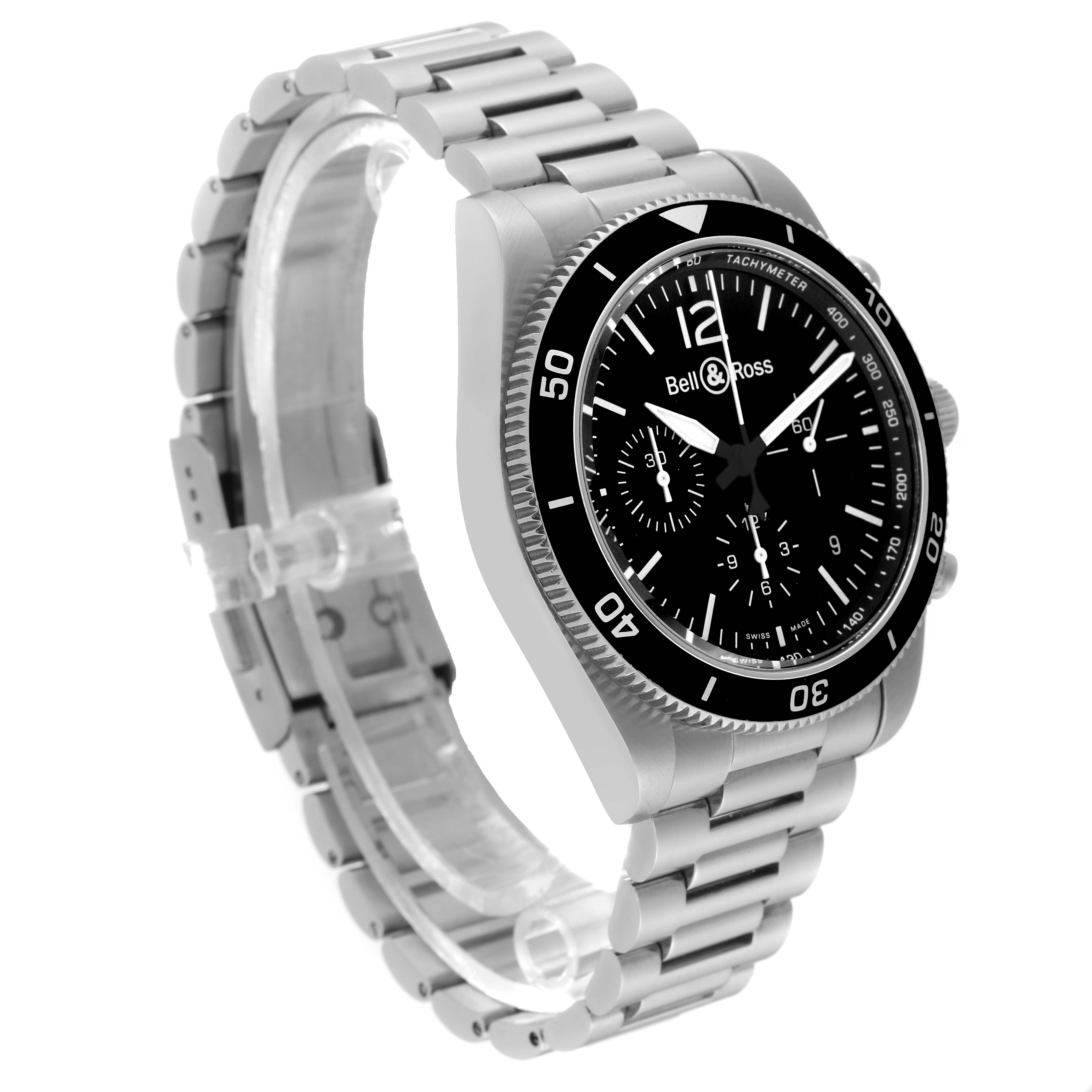 Angled view of a Bell 
Ross Heritage BRV394-BL-ST/SST Men
s Stainless Steel Black Dial BRV394-BL-ST/SST Men
s Stainless Steel Black Dial model watch showing the face, bezel, chronograph dials, and stainless steel bracelet.